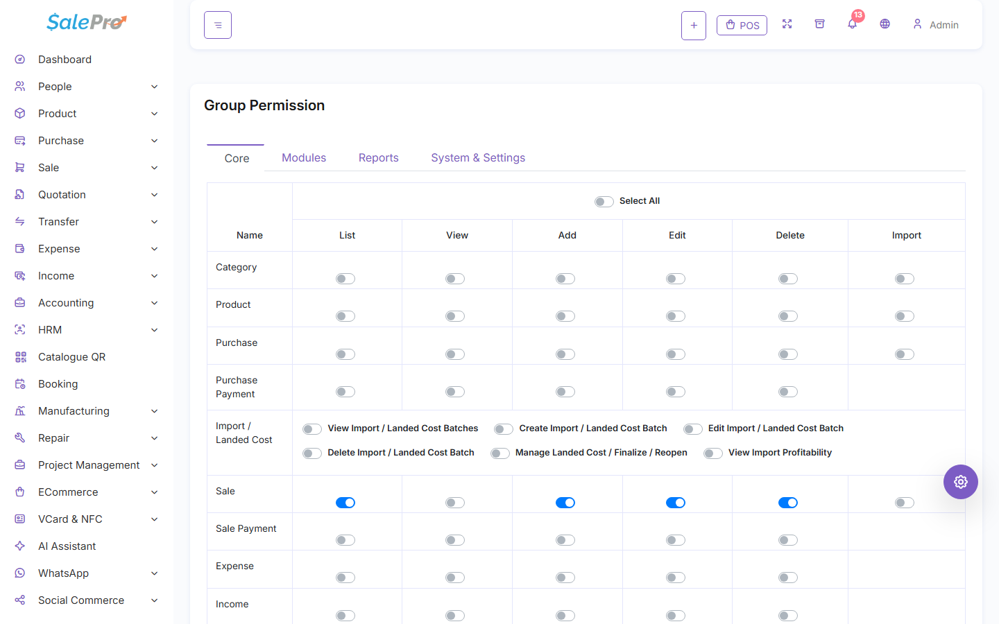 SalePro Group Permission editor showing permission categories and access toggles