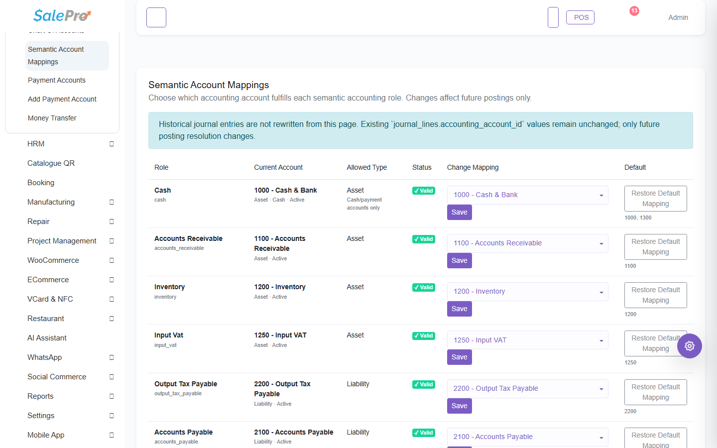 SalePro Semantic Account Mappings showing valid role-to-account assignments