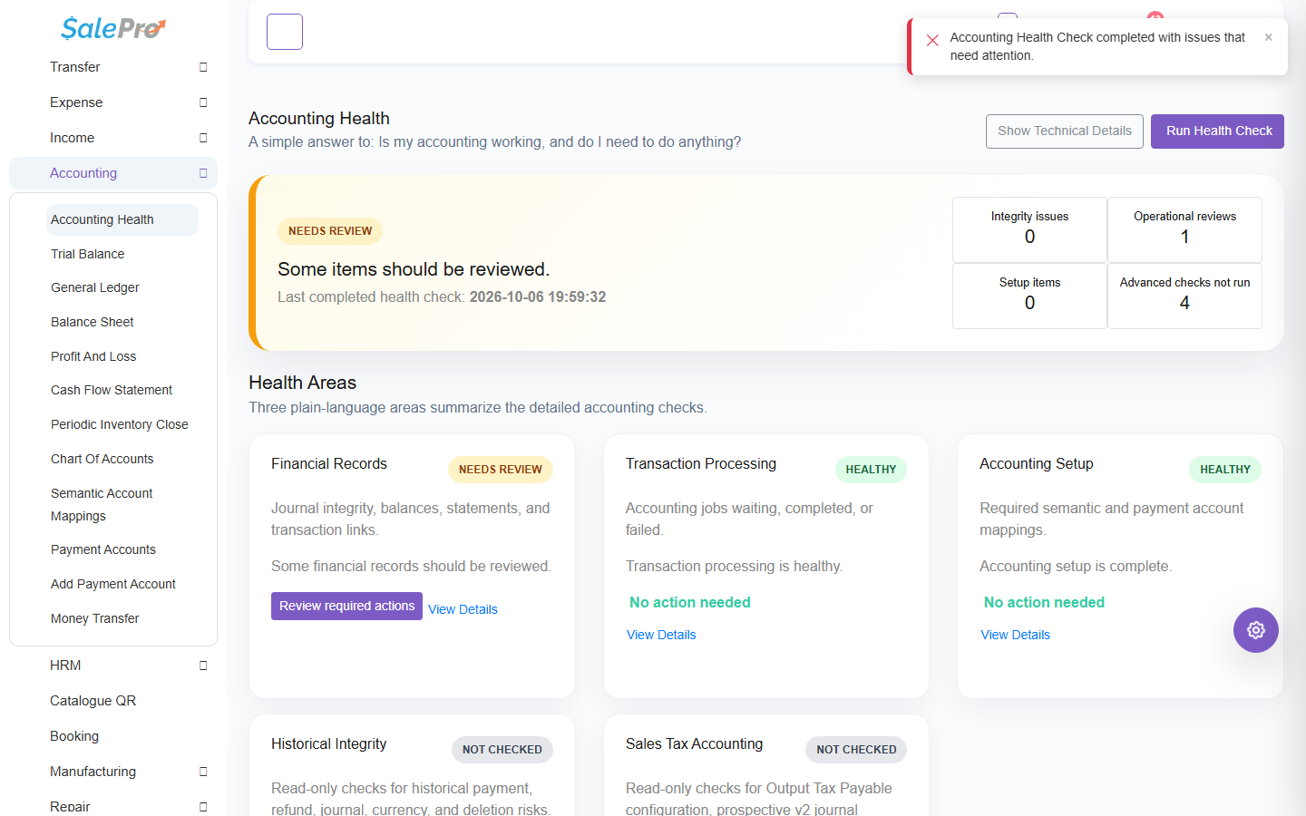 SalePro Accounting Health results showing review status and health areas