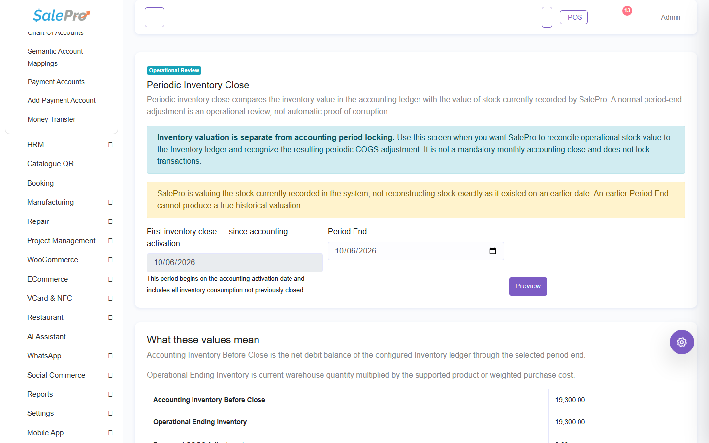 SalePro Periodic Inventory Close preview with accounting and operational inventory values