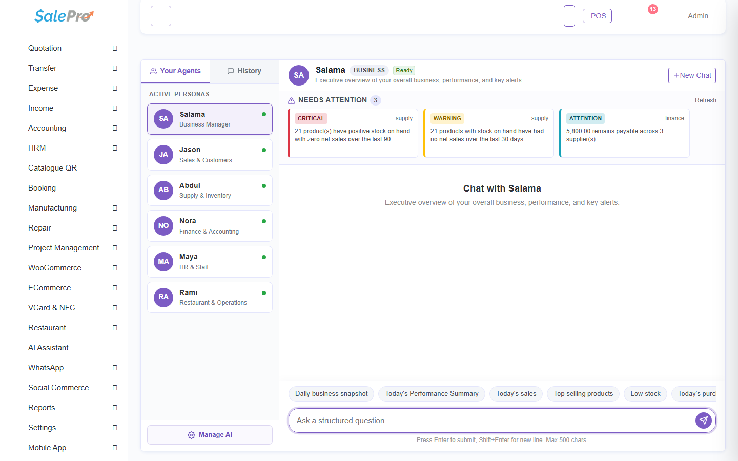 SalePro AI Assistant showing business personas, attention cards, suggestions, and structured-question input