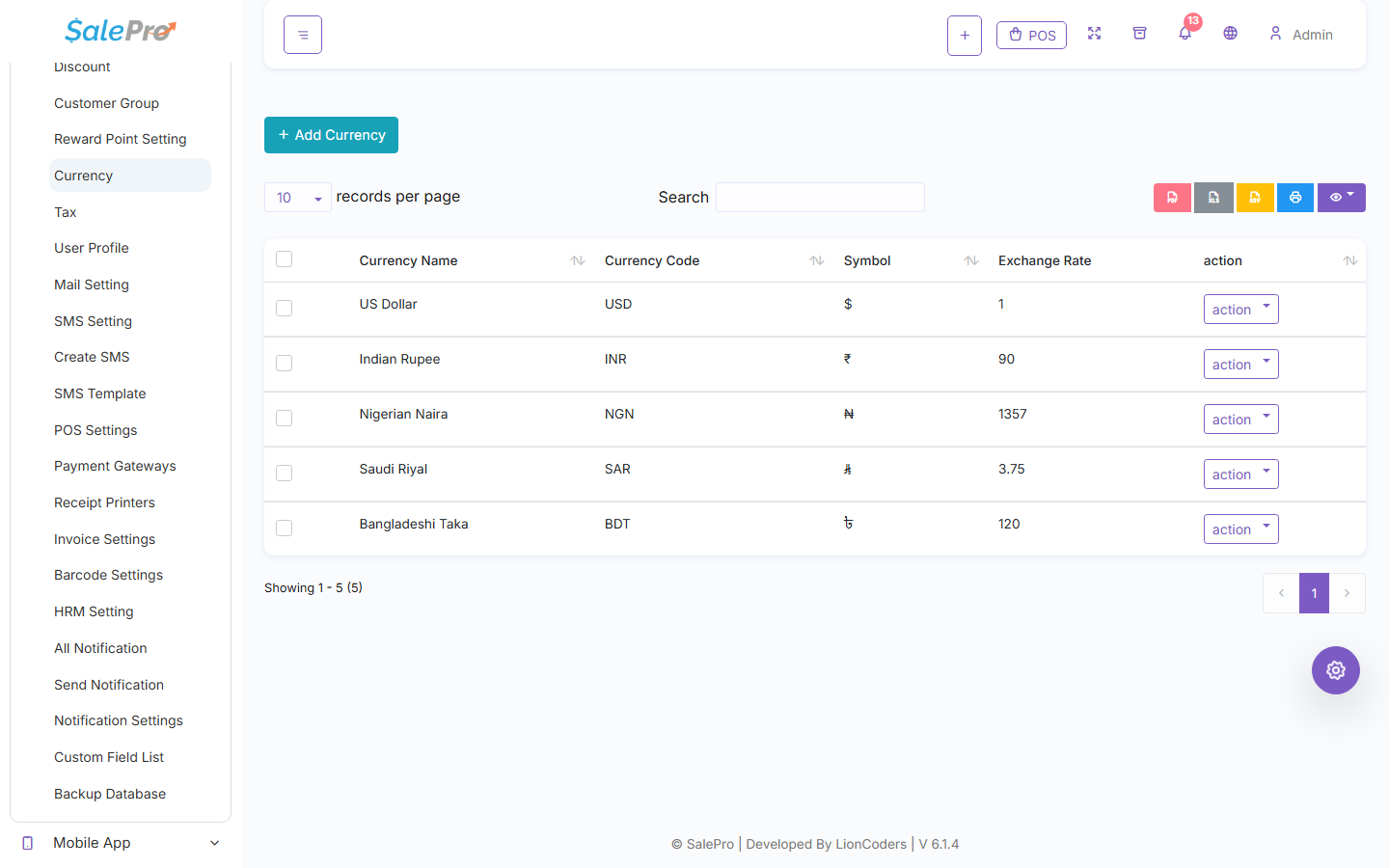 SalePro Currency list showing active currencies and exchange rates