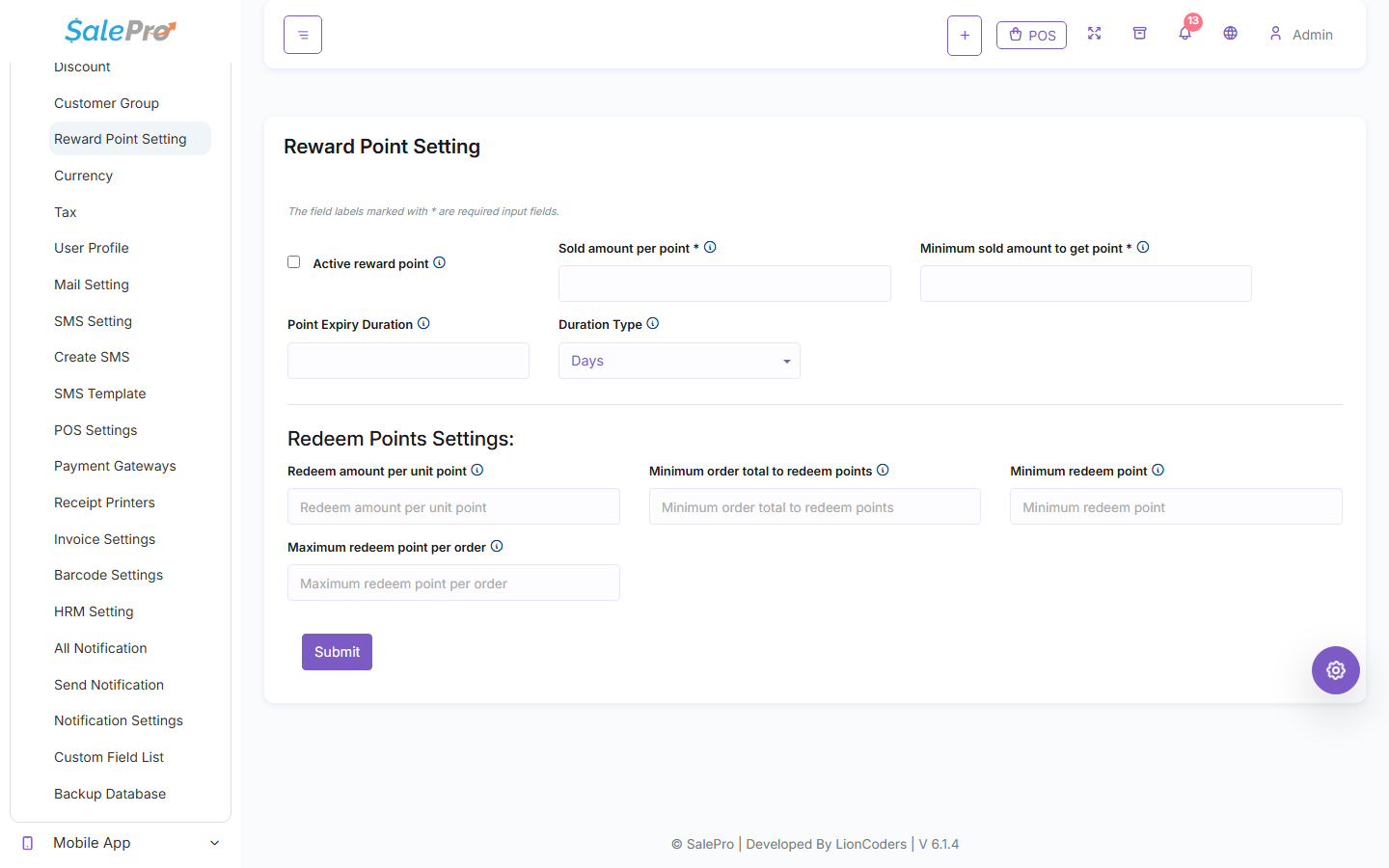 SalePro Reward Point Setting screen showing earning and redemption rules