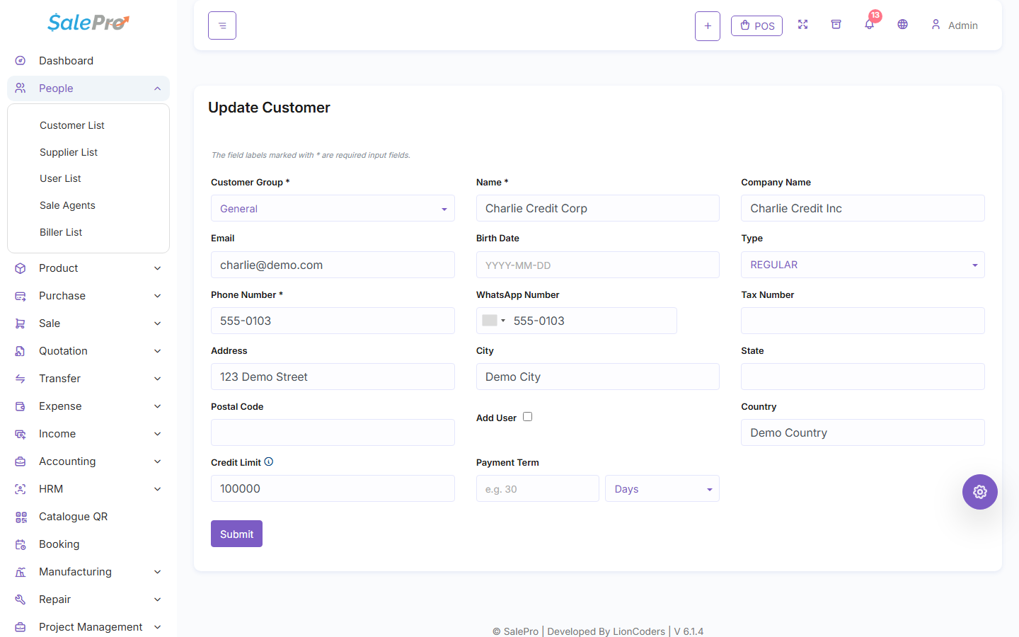 SalePro customer form showing a configured credit limit
