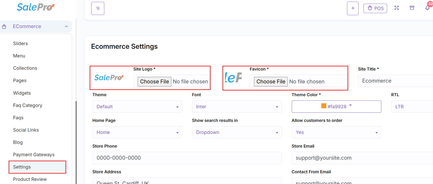 SalePro Ecommerce Settings showing store branding, homepage, and presentation options