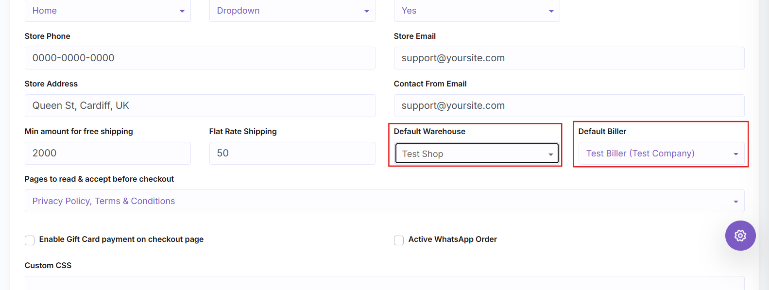 SalePro Ecommerce Settings showing default warehouse, default biller, and ordering options