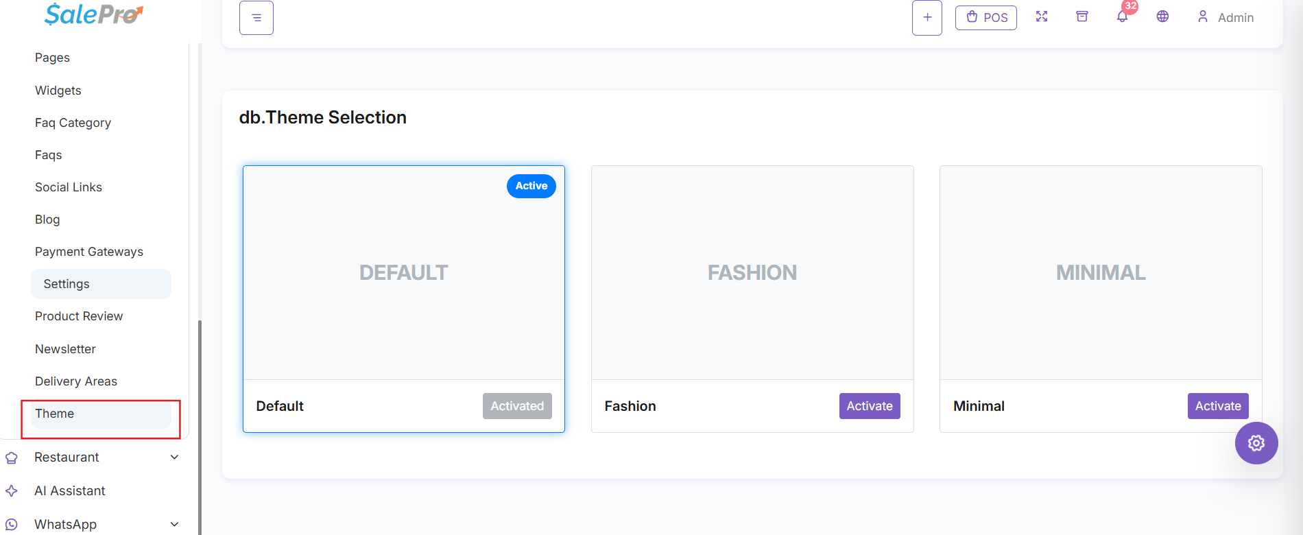 SalePro Ecommerce Theme screen showing available storefront themes