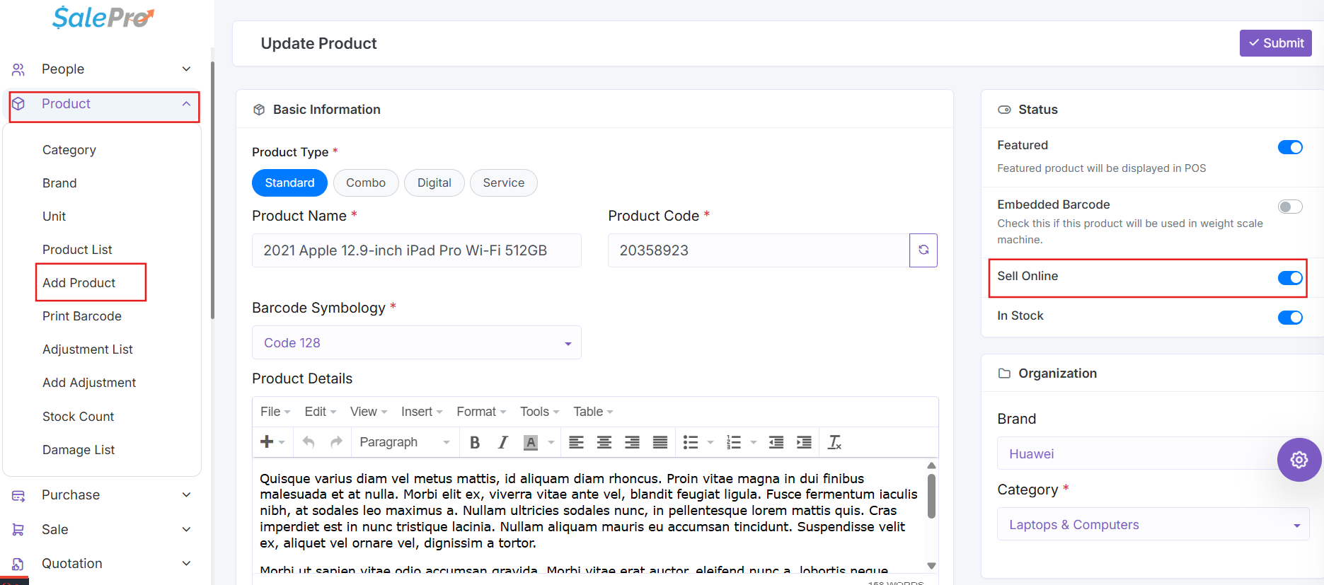 SalePro product form showing online-selling and stock controls