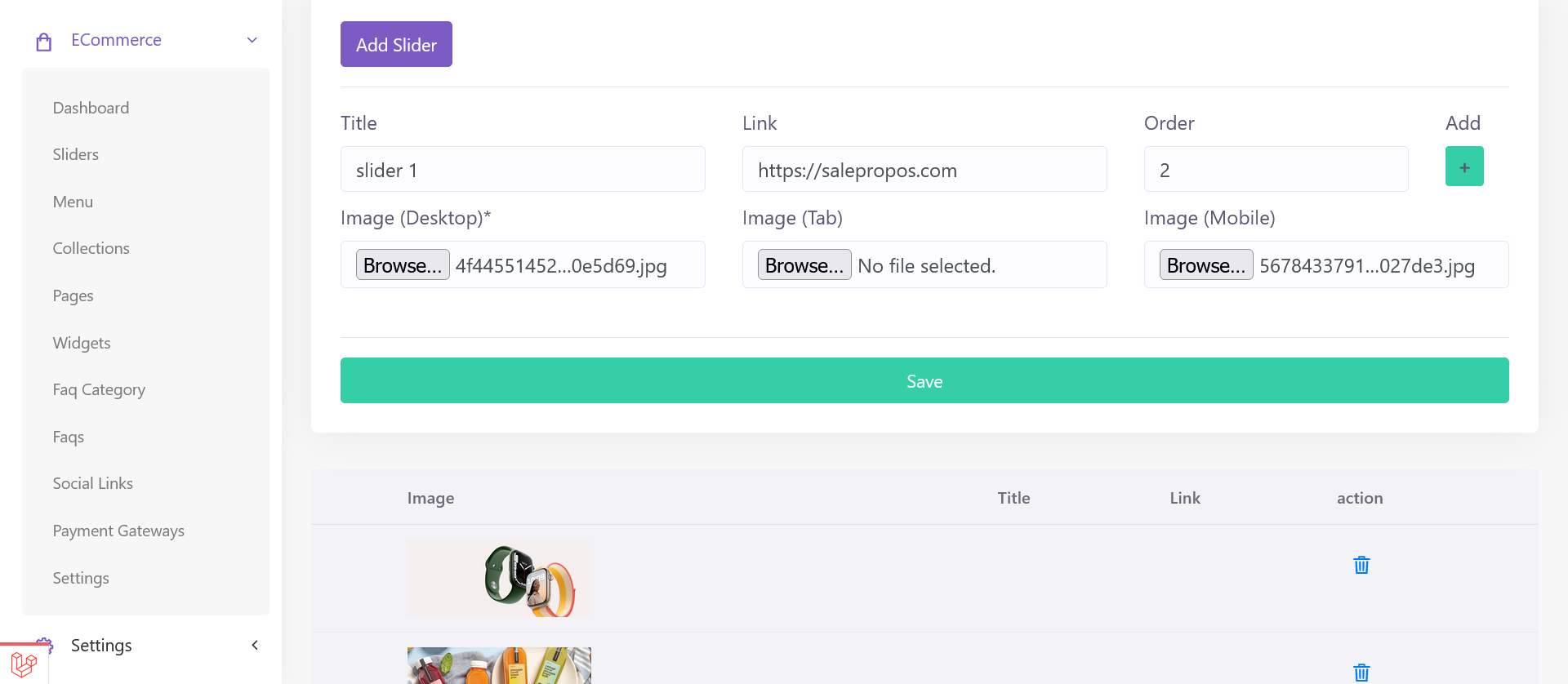 SalePro Ecommerce Sliders screen showing slider title, link, order, and images
