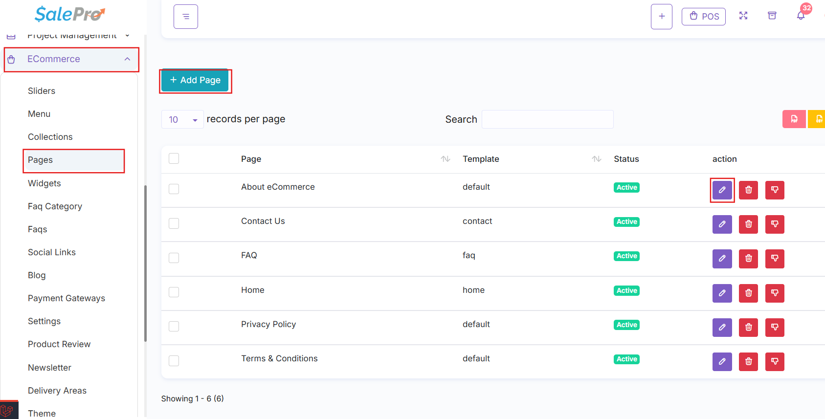 SalePro Ecommerce Pages list showing page templates and publication status