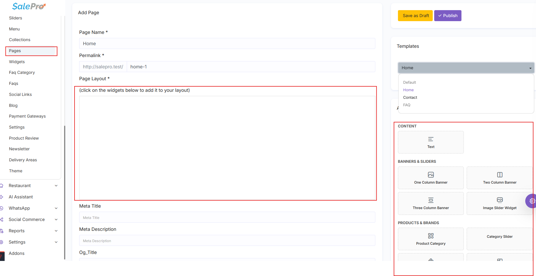 SalePro Ecommerce page builder showing content and widget areas