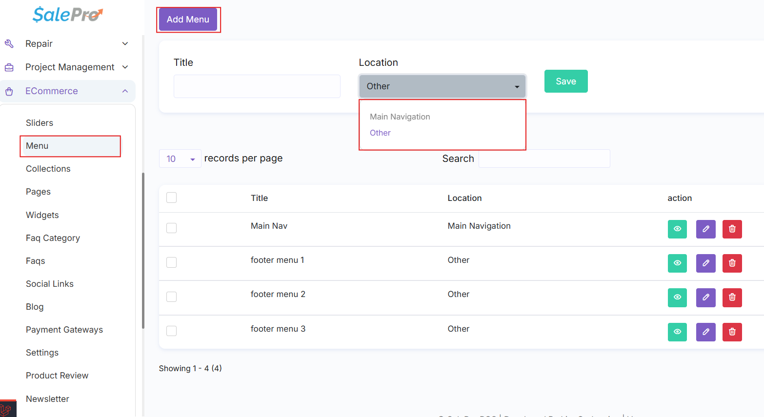SalePro Ecommerce Menu screen showing menu title and location