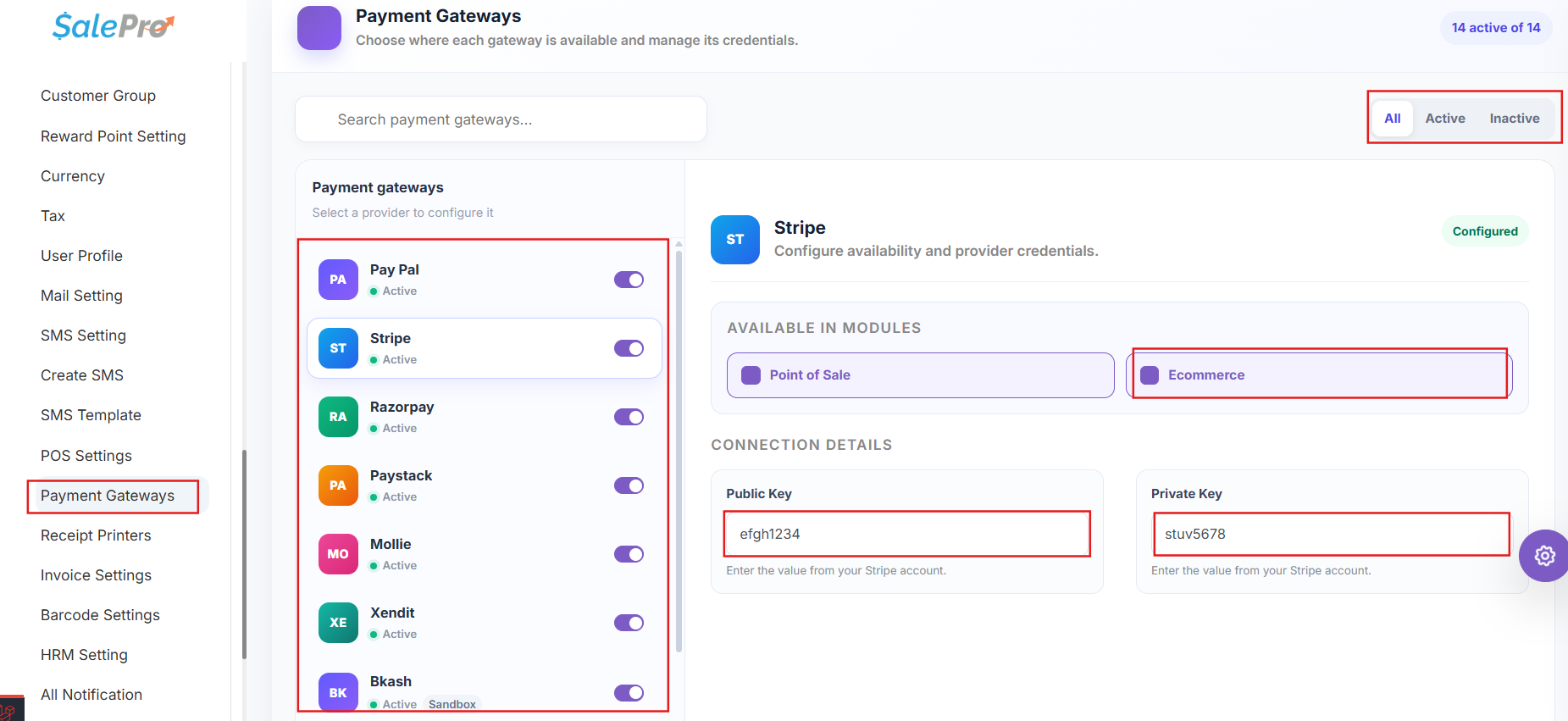 SalePro Payment Gateways screen showing Ecommerce payment-provider configuration