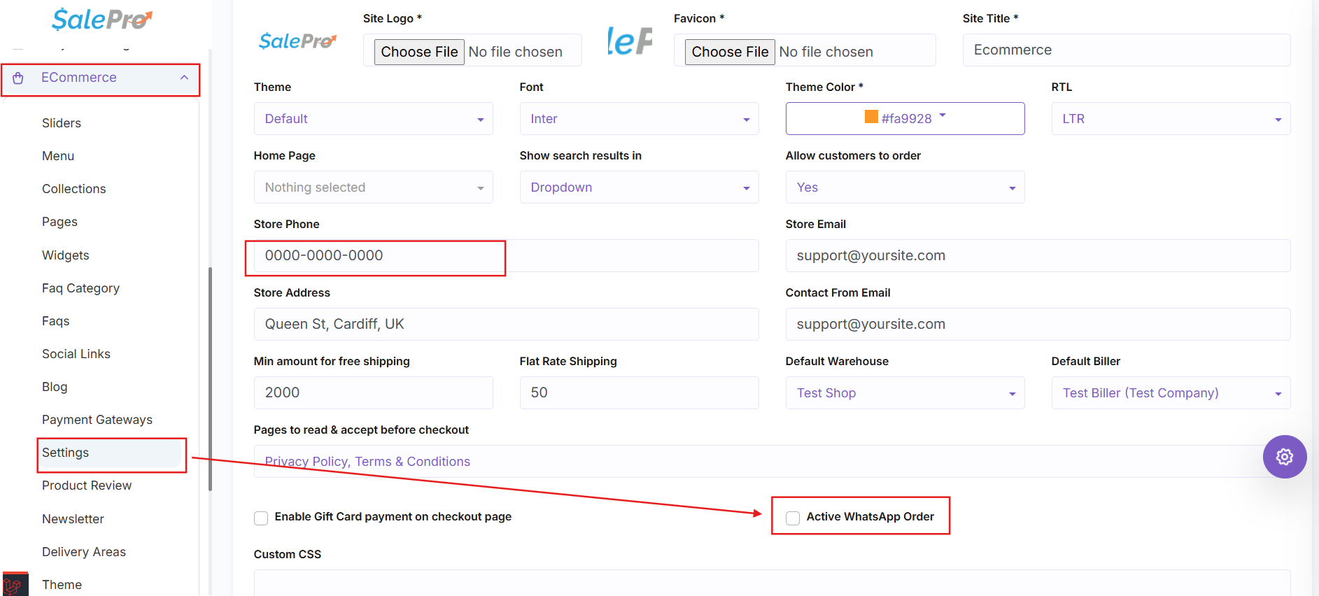 SalePro Ecommerce Settings showing the WhatsApp Order option