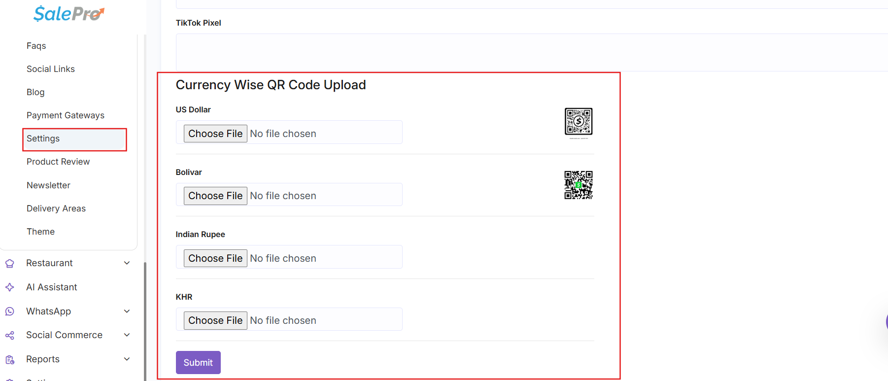 SalePro Ecommerce Settings showing currency-wise QR code upload
