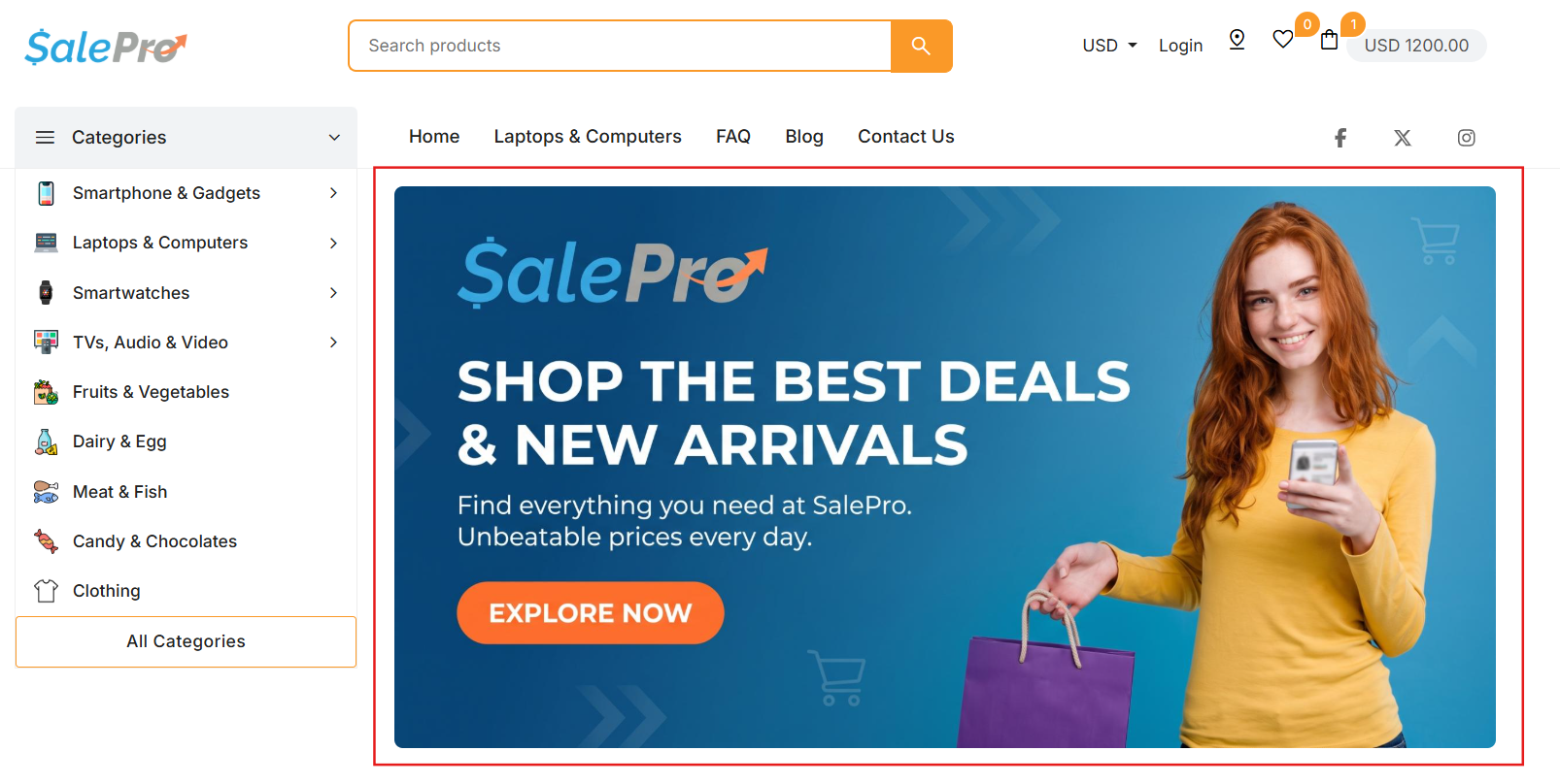 Example SalePro Ecommerce storefront after setup