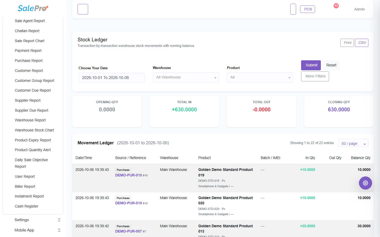 SalePro Stock Ledger with date and warehouse filters, movement totals, and purchase references