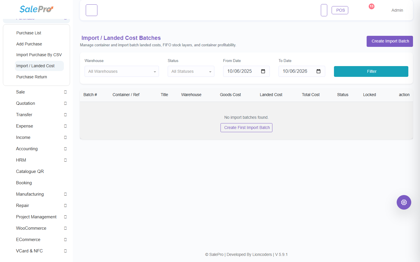 SalePro Import and Landed Cost batch list with filters and Create Import Batch action