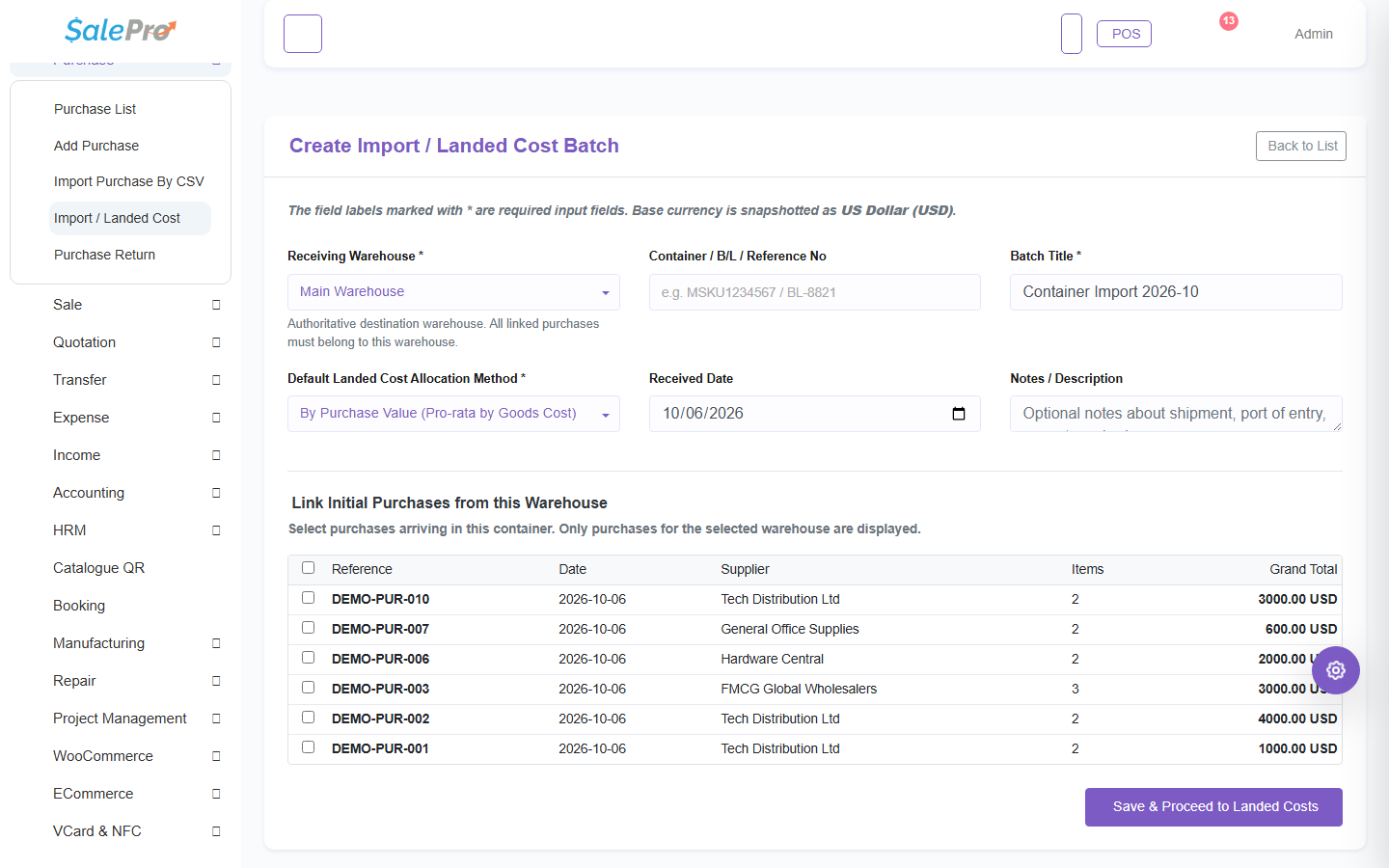 Create Import and Landed Cost Batch with Main Warehouse purchases available to link