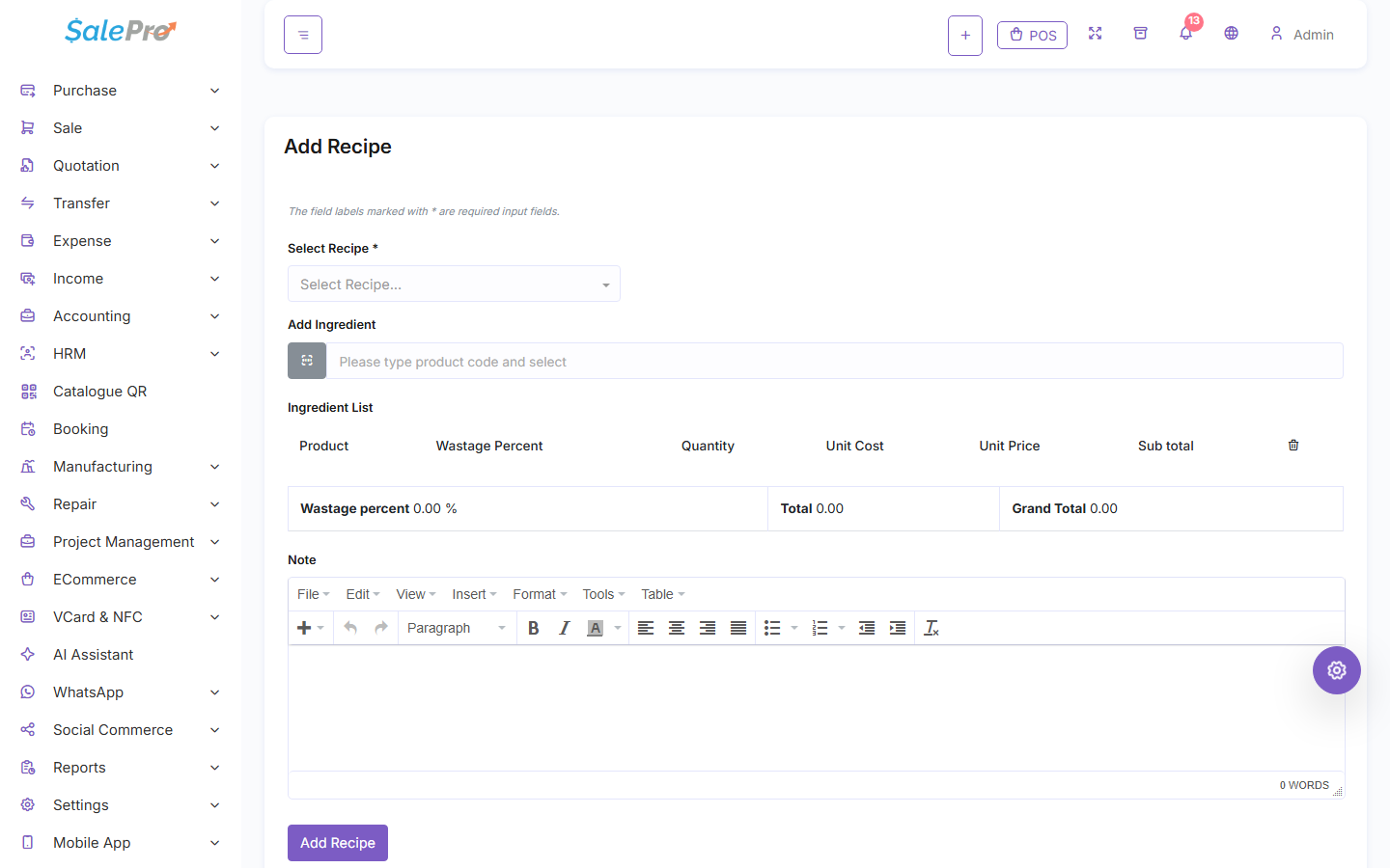SalePro Add Recipe form showing product and ingredient entry