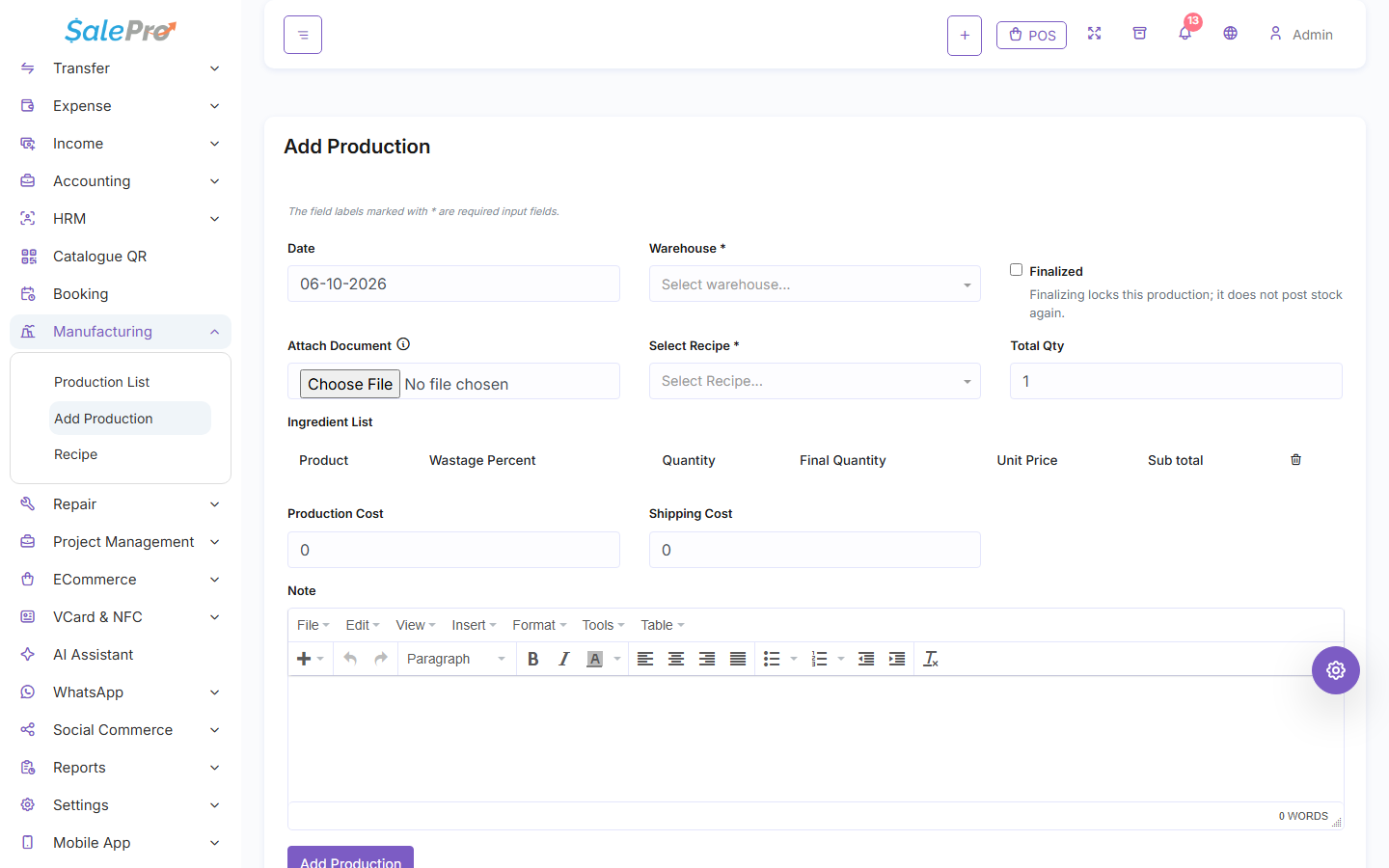 SalePro Add Production form showing warehouse, recipe, quantity, status, and costs
