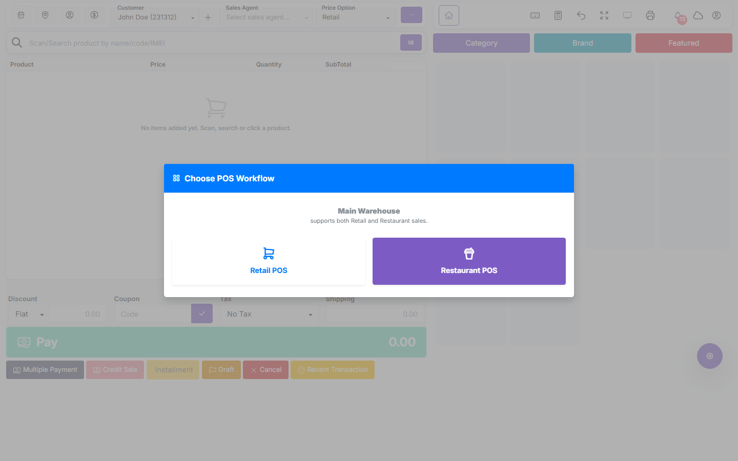 SalePro POS workspace showing workflow selection and payment actions