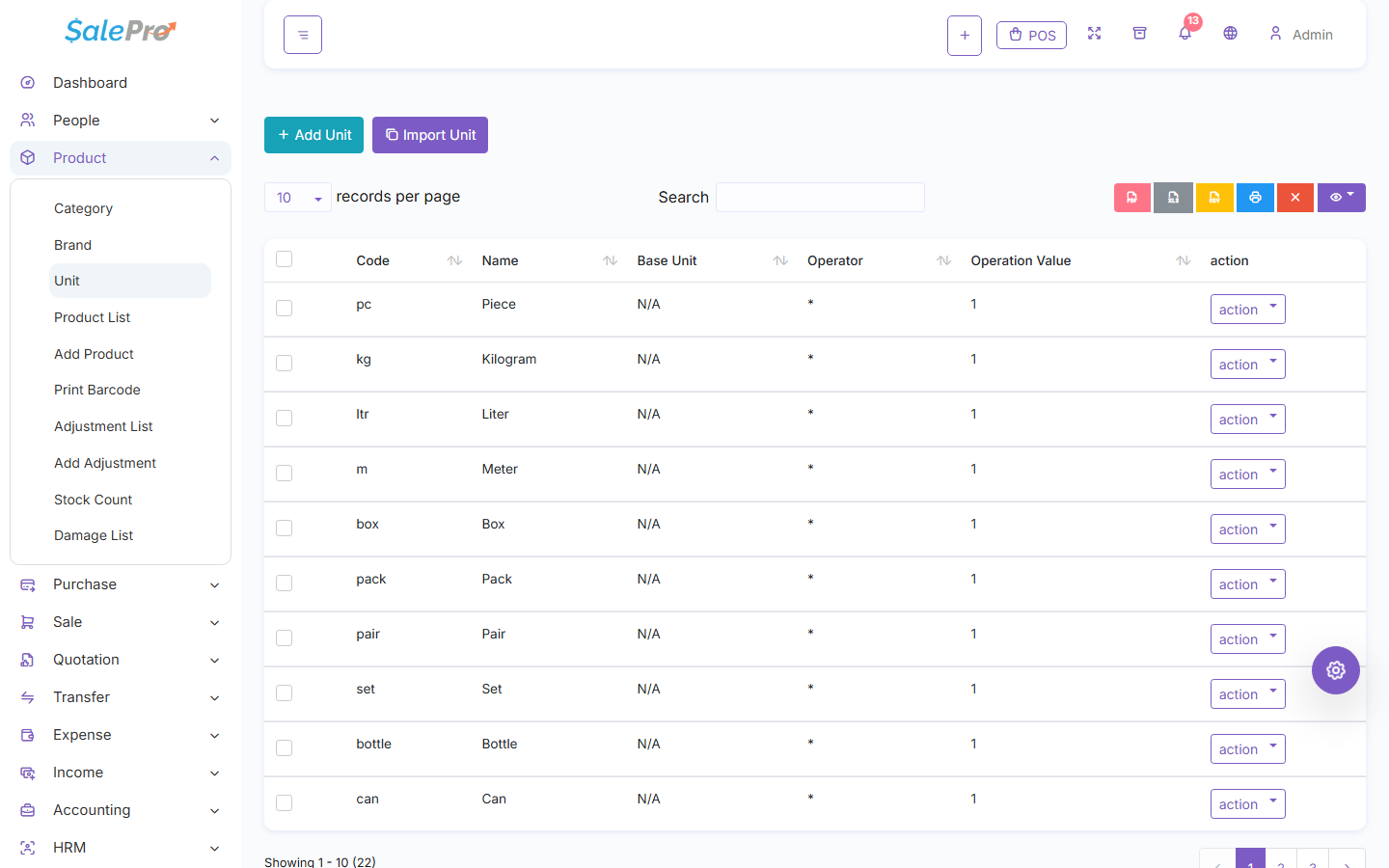 SalePro Units table showing base units and conversion operators