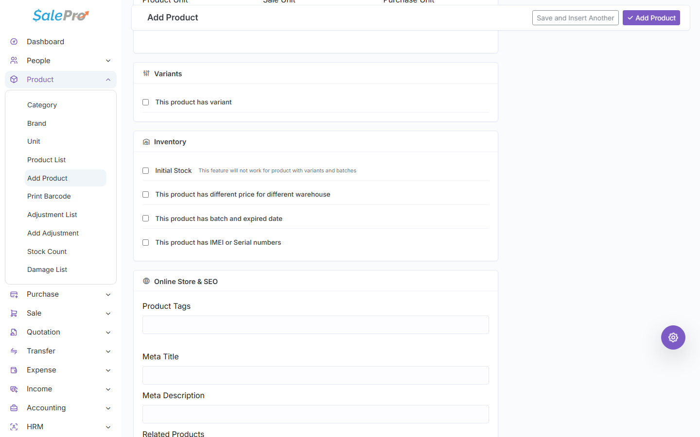SalePro product form showing batch and expiry and IMEI or serial tracking options