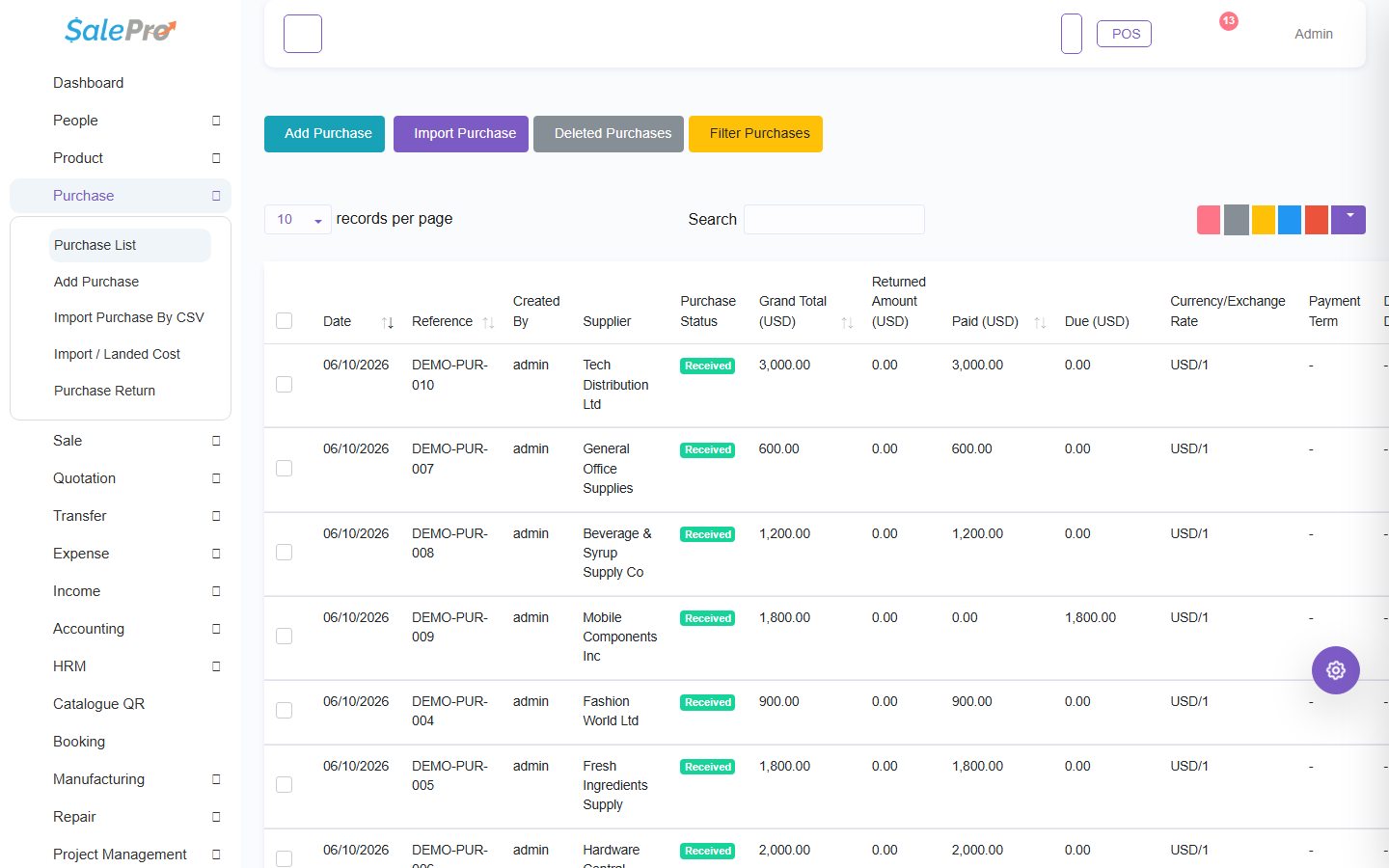 SalePro Purchase List showing received demo purchases, suppliers, paid amounts, and amounts due