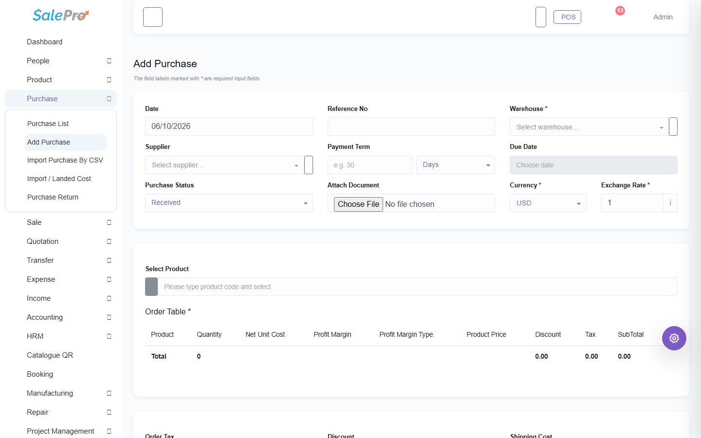 SalePro Add Purchase screen with supplier, warehouse, currency, and product-entry fields