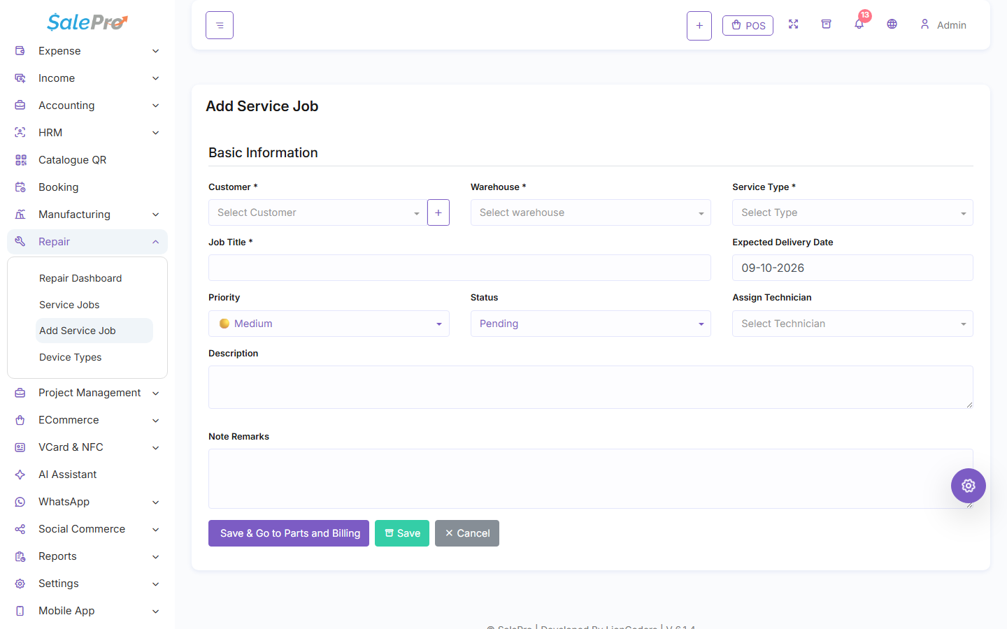 SalePro Add Service Job form showing customer, warehouse, device, priority, technician, and dates