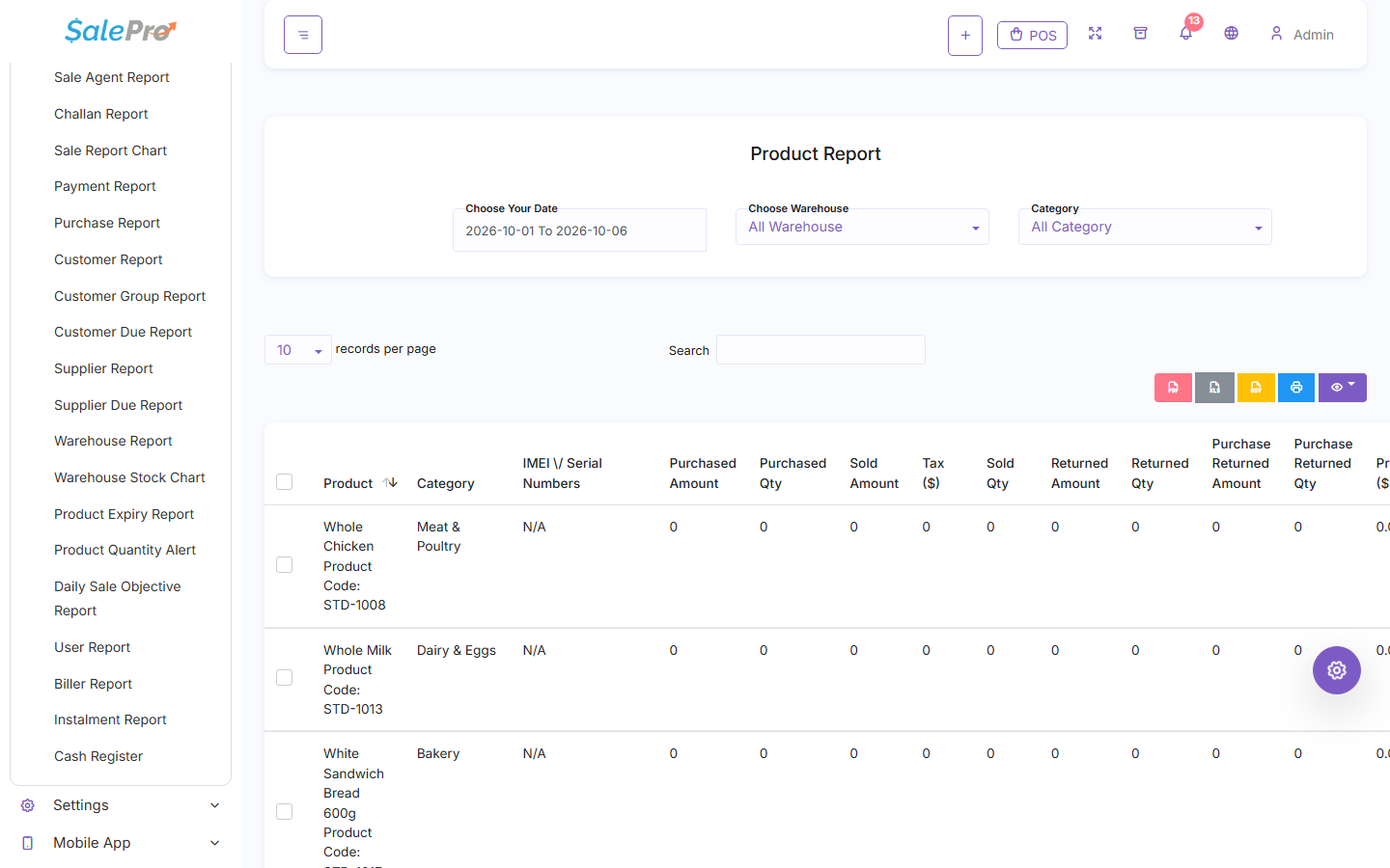 SalePro Product Report showing filters and product result columns