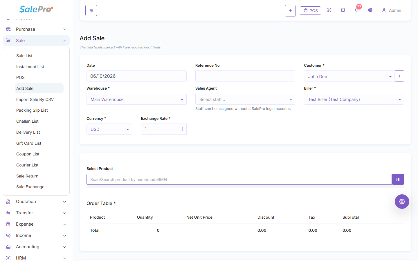 SalePro Add Sale form showing customer, warehouse, currency, biller, and product fields