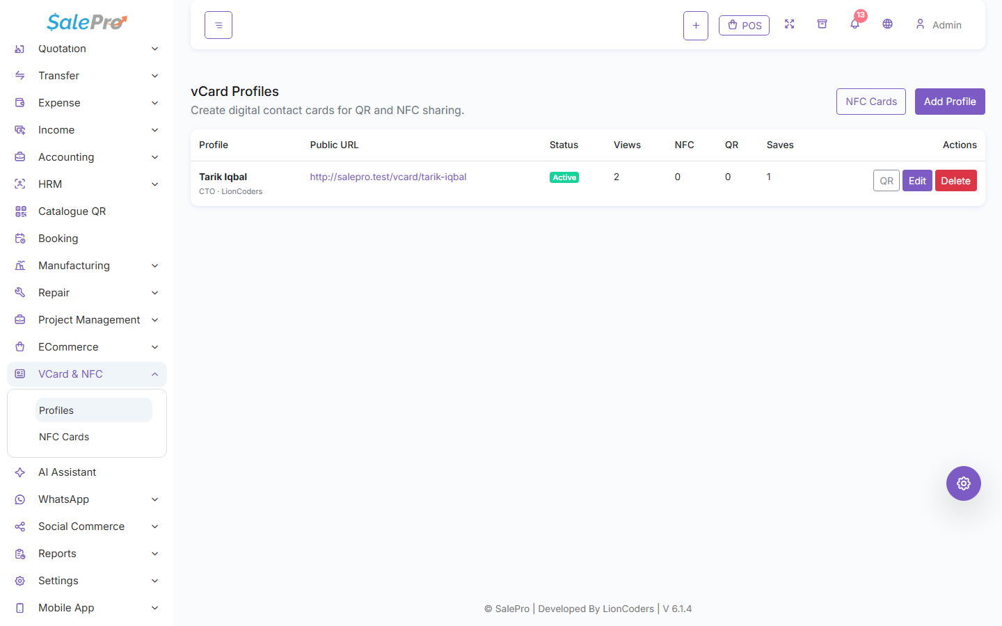 SalePro vCard Profiles list showing public URL, status, view counts, and QR action