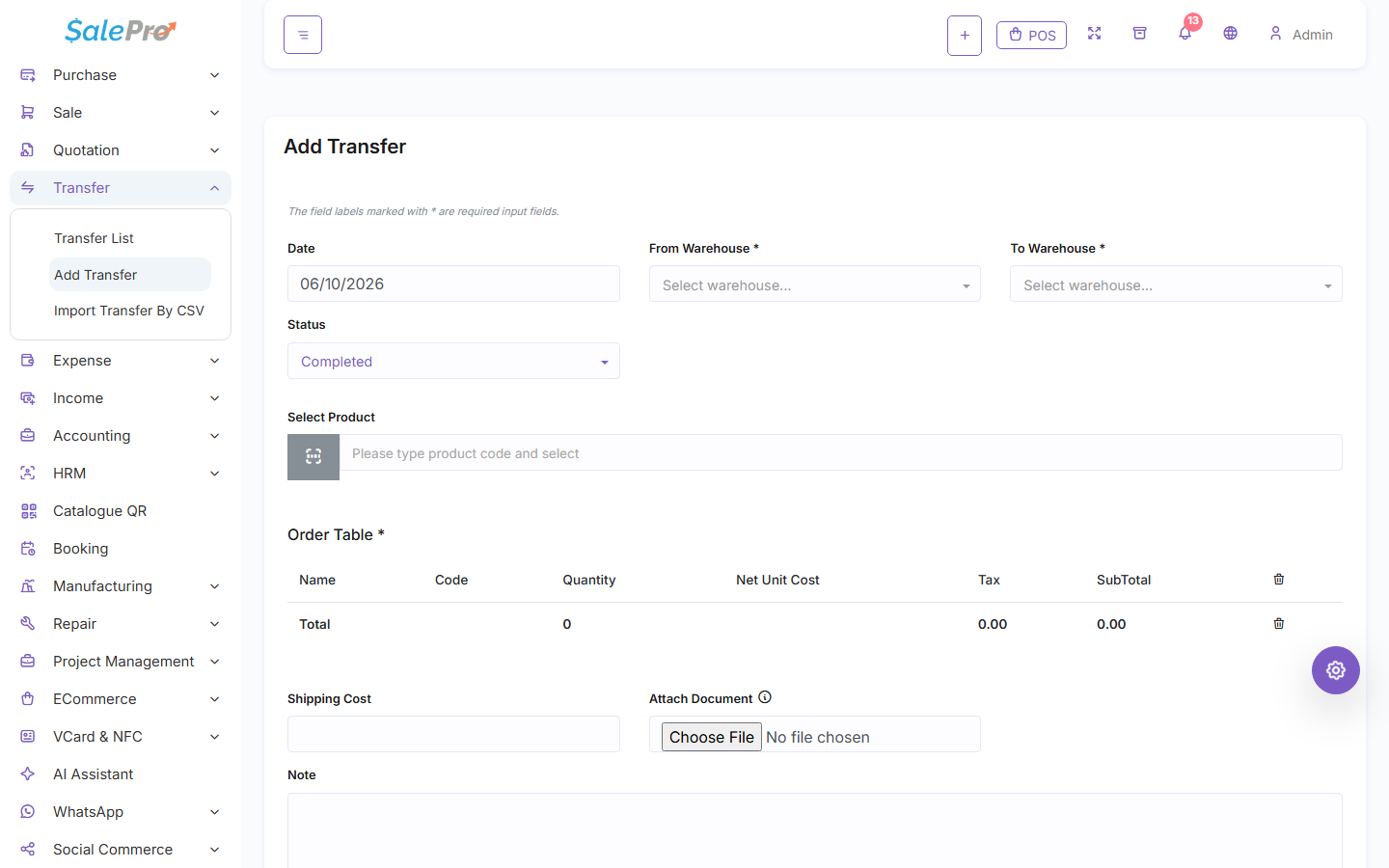 SalePro Add Transfer form showing source warehouse, destination warehouse, status, and product search