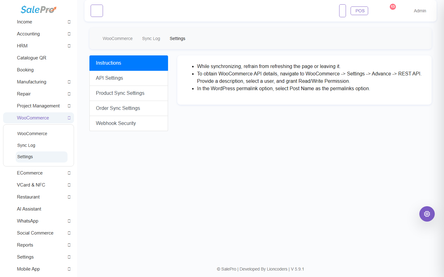 SalePro WooCommerce settings navigation without exposed credentials