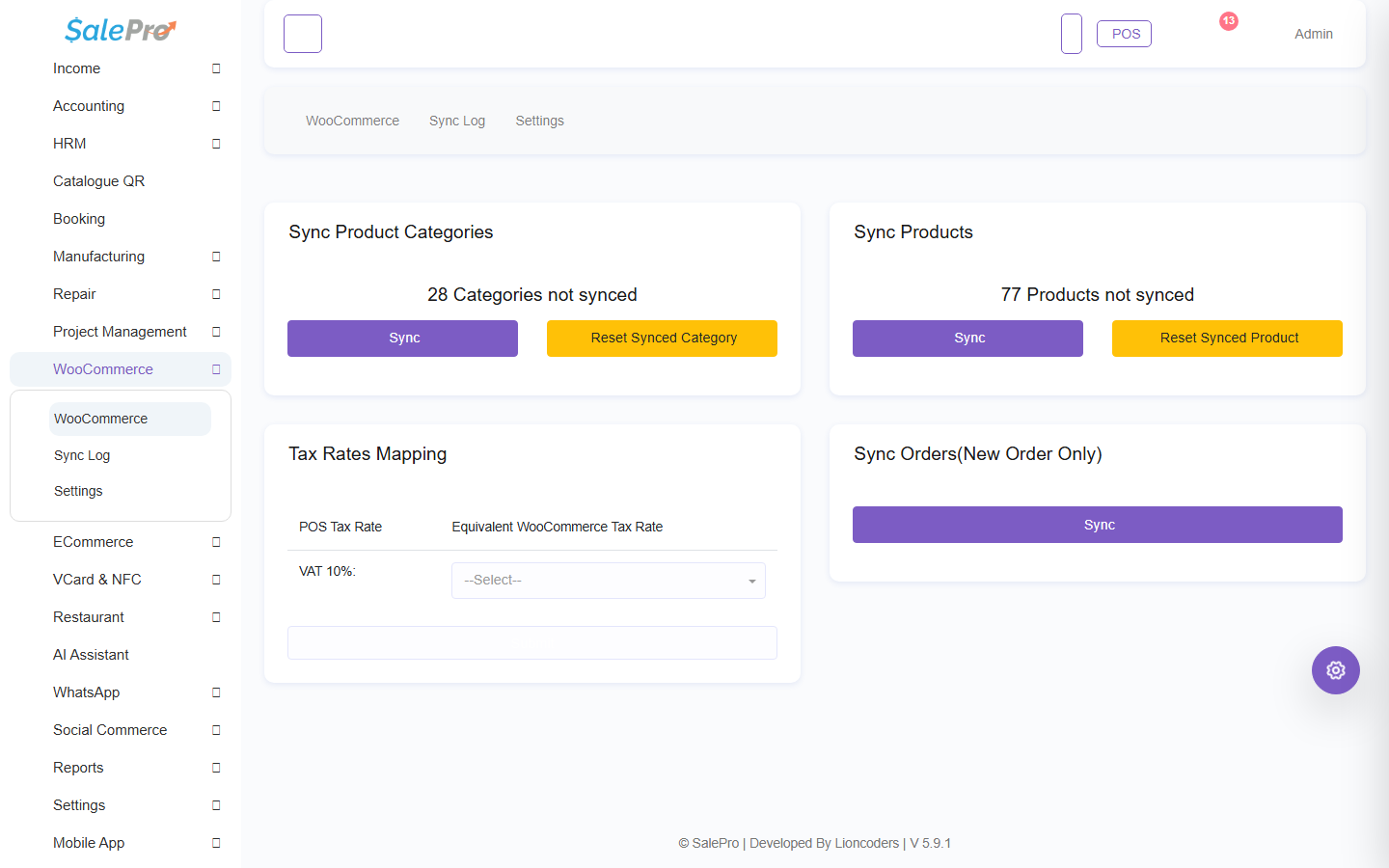 SalePro WooCommerce manual category, product, tax, and order synchronization controls