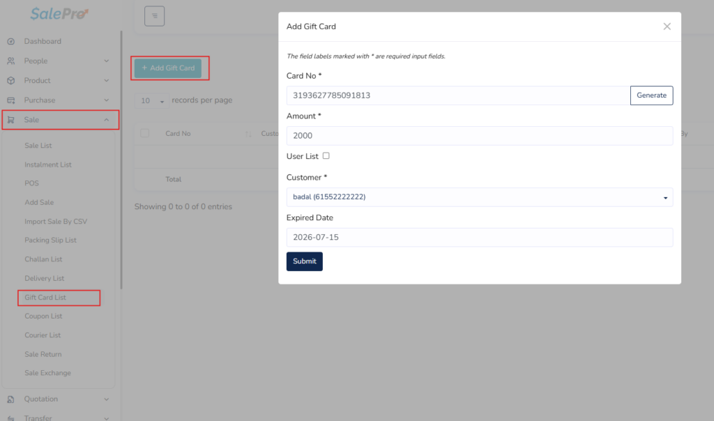 SalePro interface screenshot