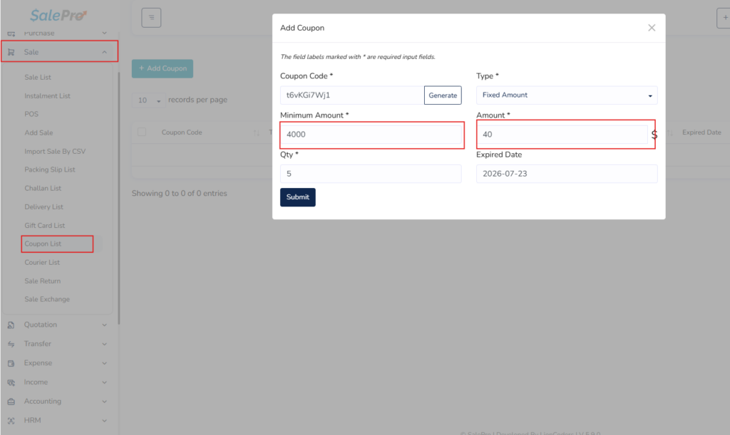 SalePro interface screenshot