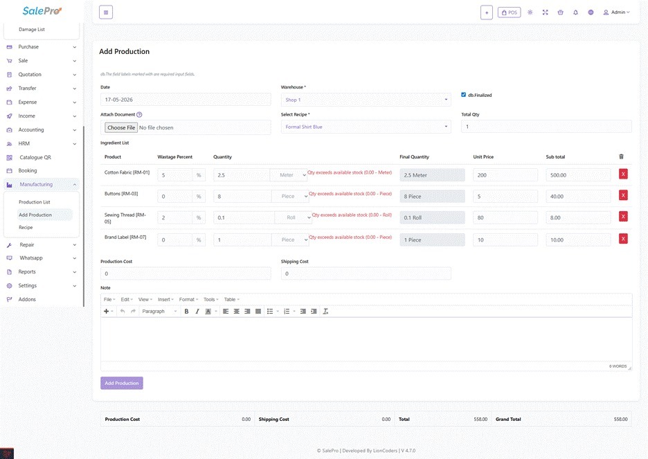 SalePro interface screenshot