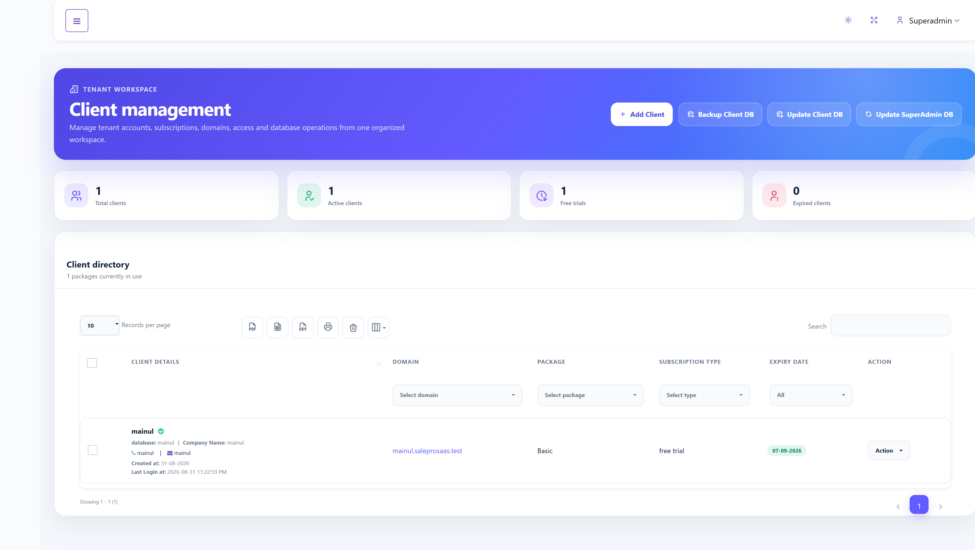 SalePro SaaS Super Admin client management list