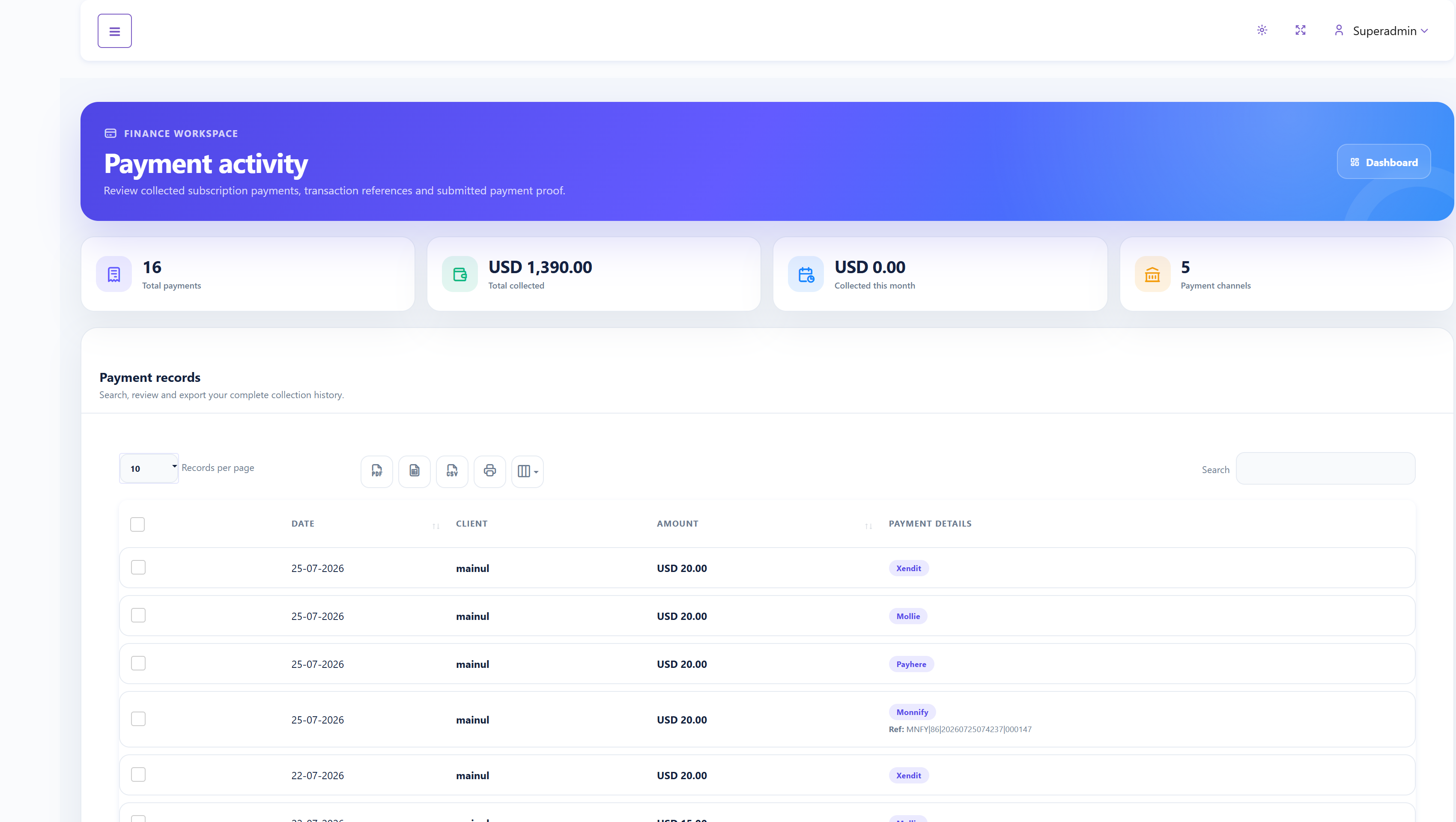SalePro SaaS subscription payment records