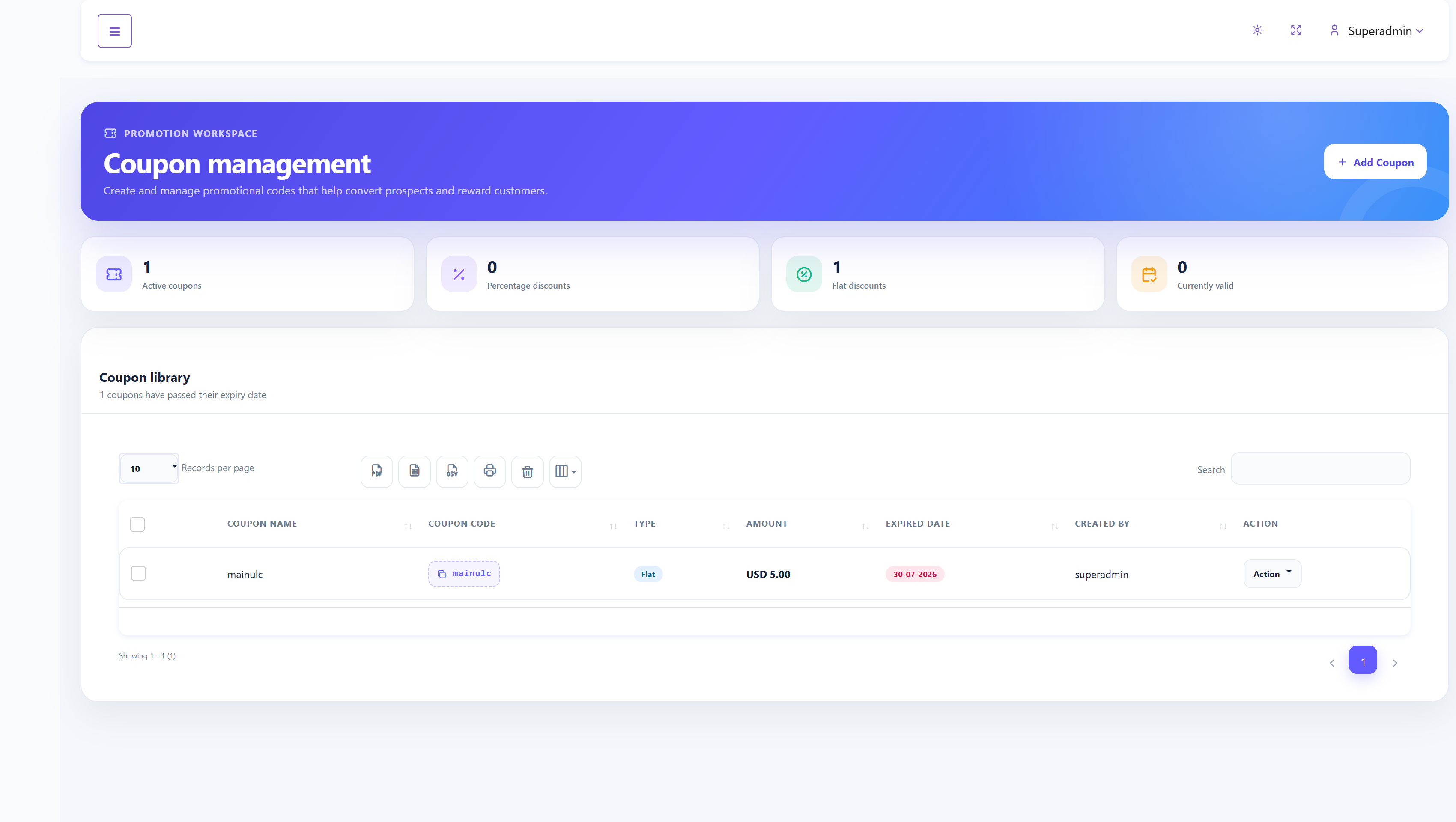 SalePro SaaS coupon management screen