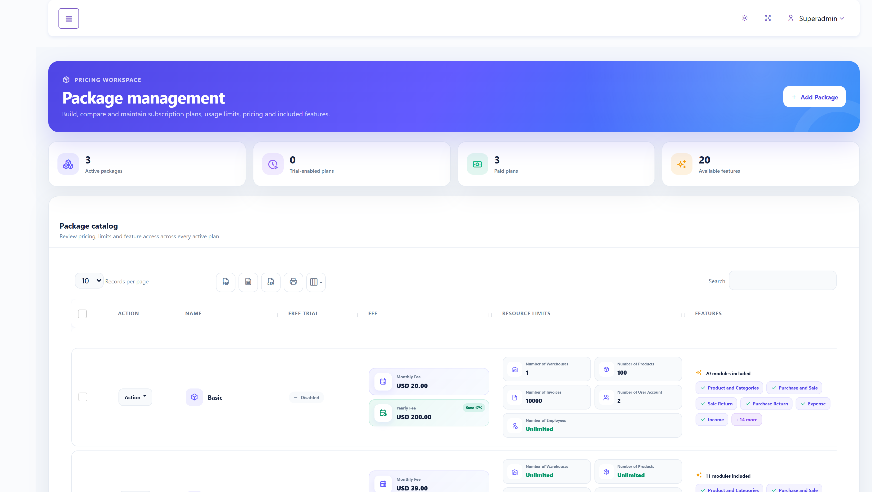 SalePro SaaS package catalog