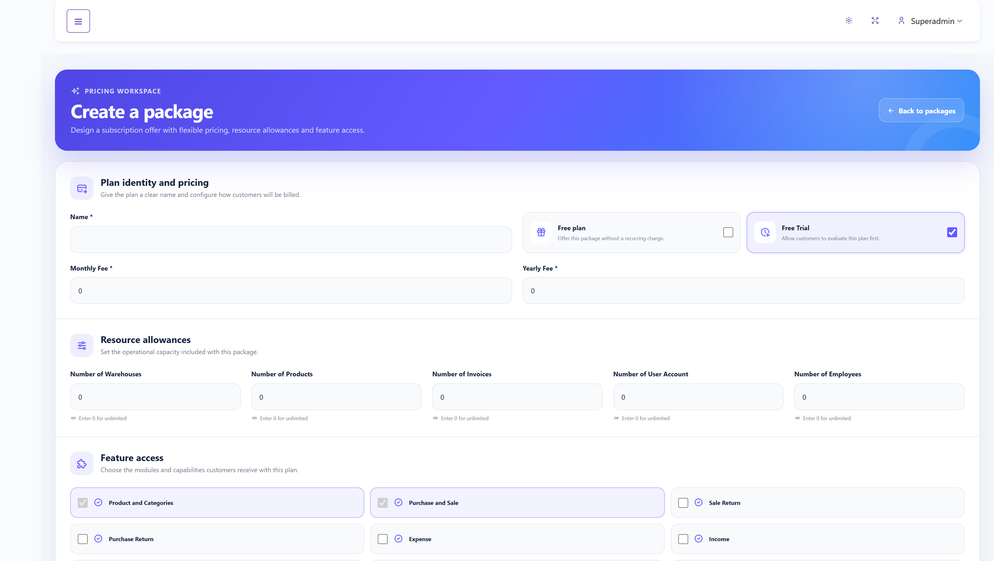 SalePro SaaS Add Package form