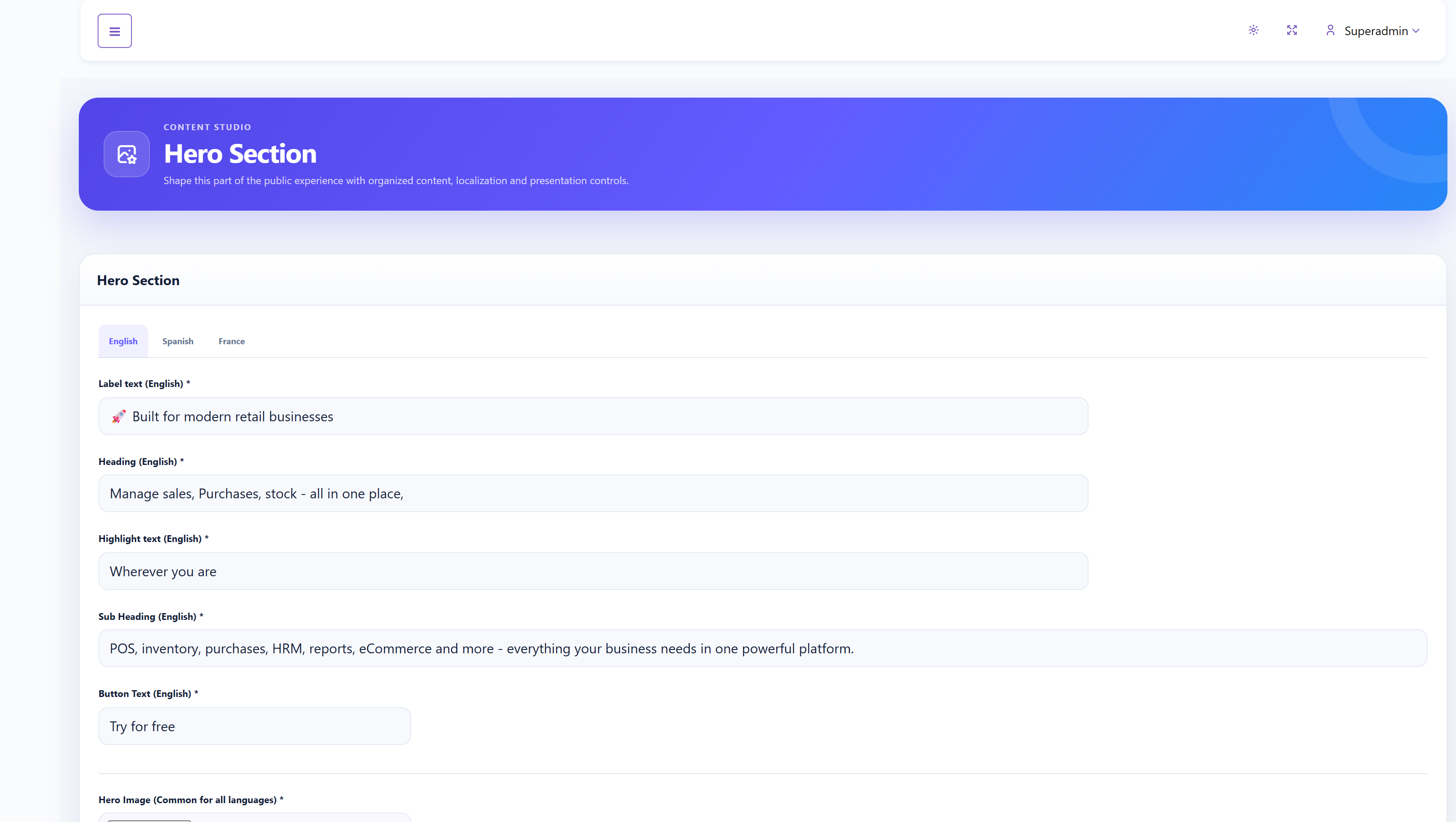 SalePro SaaS CMS Hero Section settings