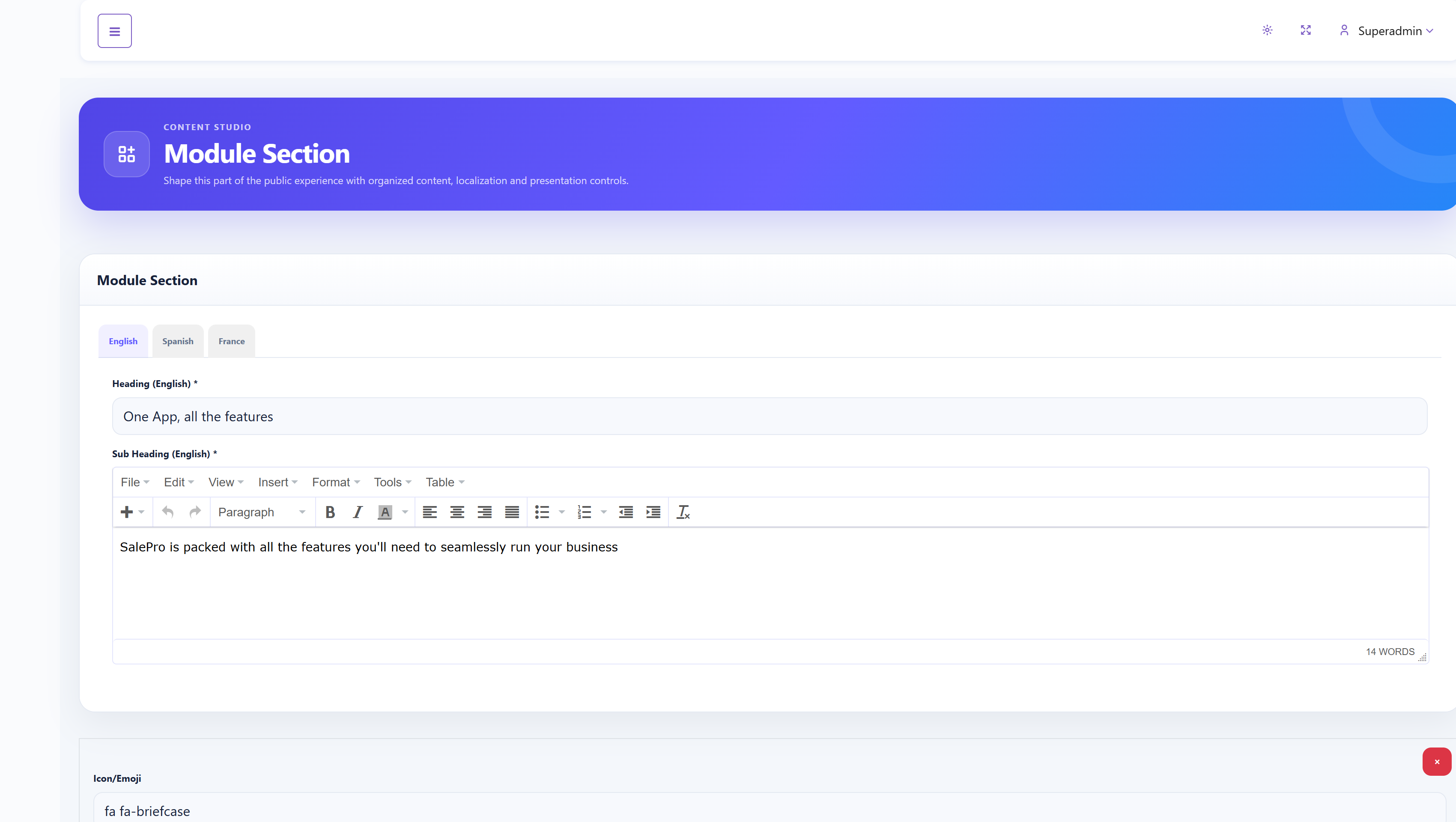 SalePro SaaS CMS Module Section editor