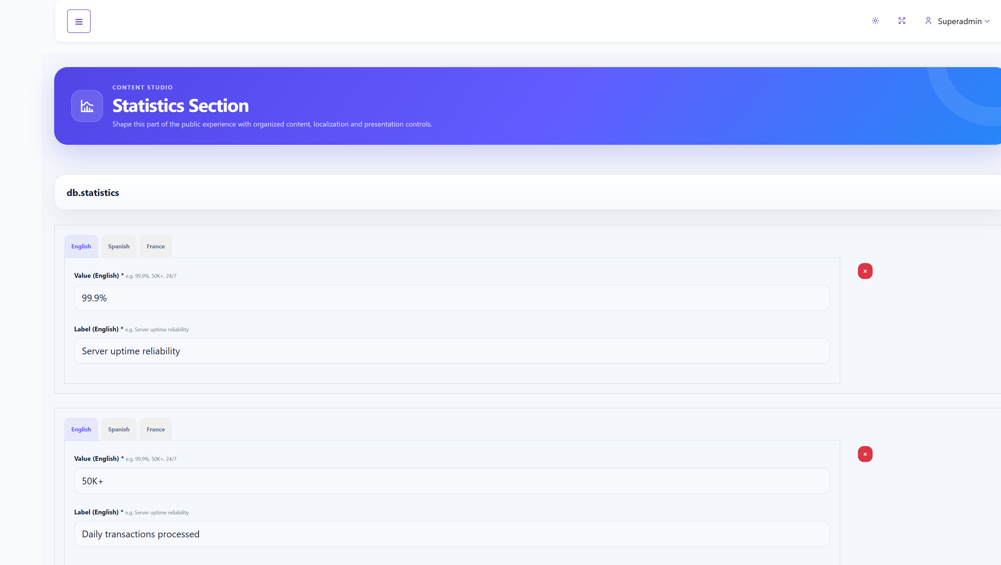 SalePro SaaS CMS statistics editor