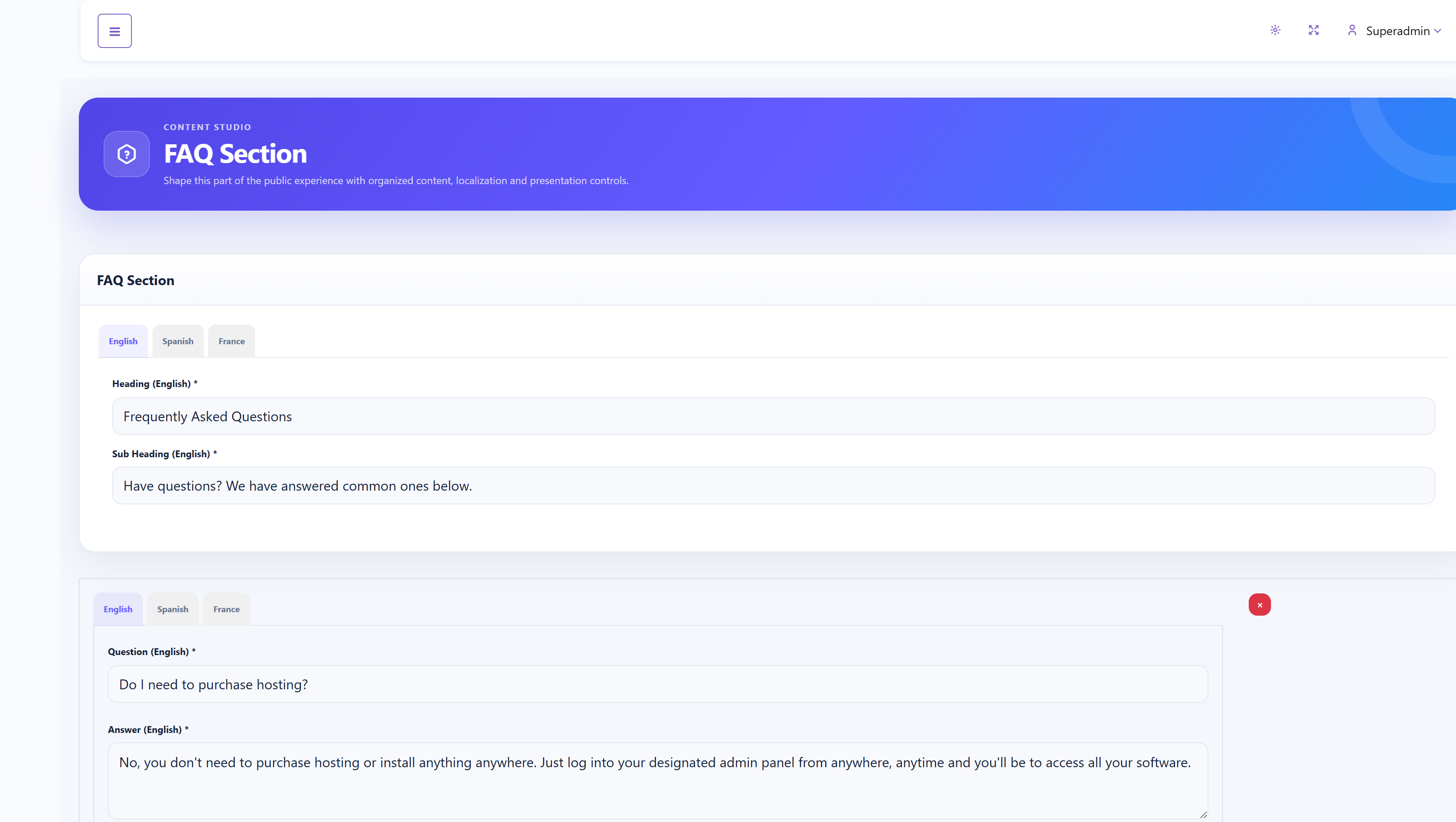 SalePro SaaS CMS FAQ Section editor
