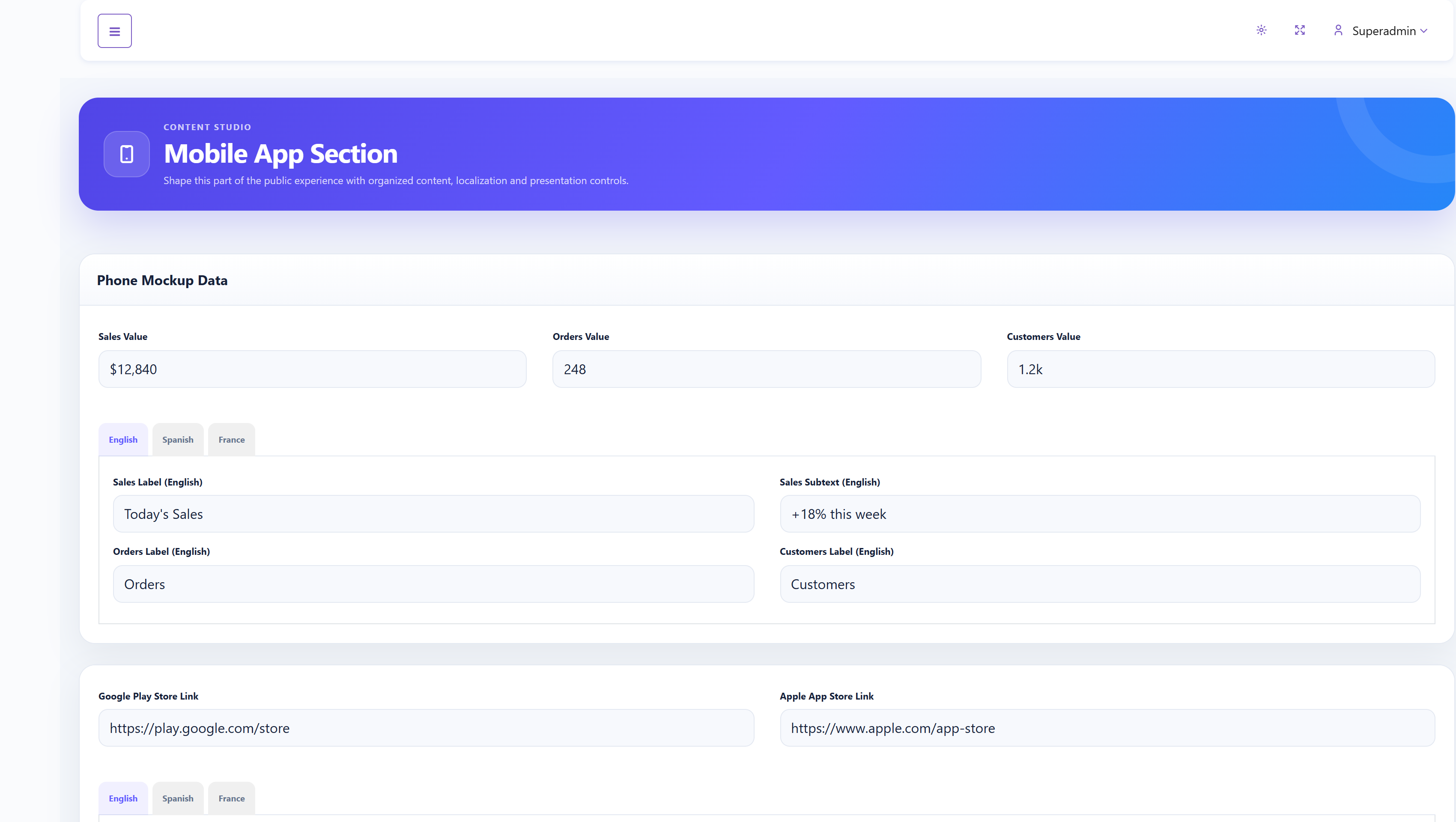 SalePro SaaS CMS Mobile App Section settings
